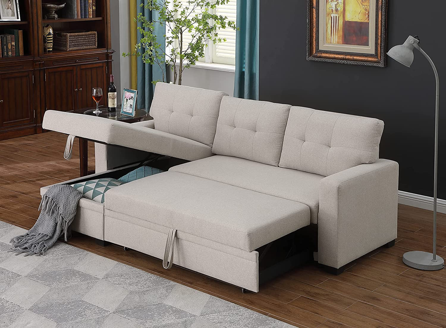 Meridian 4-In-1 Convertible L Shaped Couch with Pull Out Bed and Storage, Sectional Sleeper Sofa with Reversible Chaise for Living Room, Apartment, Bedroom, Office-3