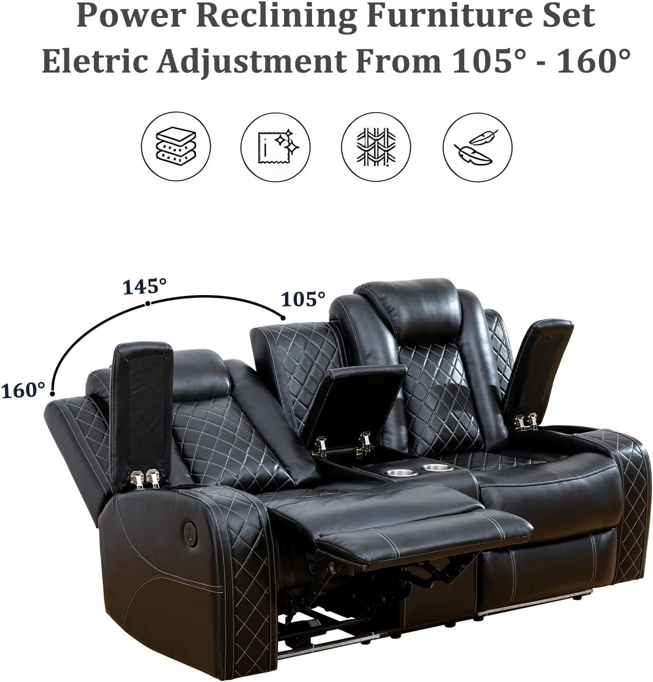 Power Reclining Sofa Set, Living Room Furniture Set with USB Ports, Leather Recliner Couches Set for Living Room/Apartment/Office/Home Theather (Black, Sofa+Loveseat+Chair)-2