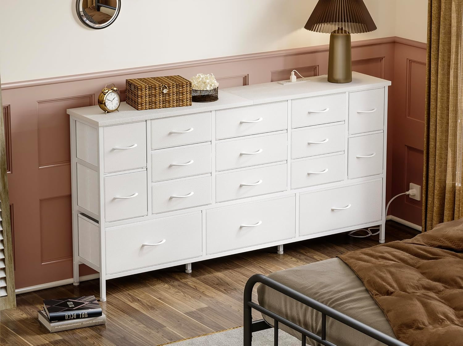 63.3 Inch Long Bedroom Dressers with Drawers Large Cabinet with Power Outlets Bedroom TV Stand with Storage, Fabric Dresser for Girl Bedroom with 16 Drawers, White-3