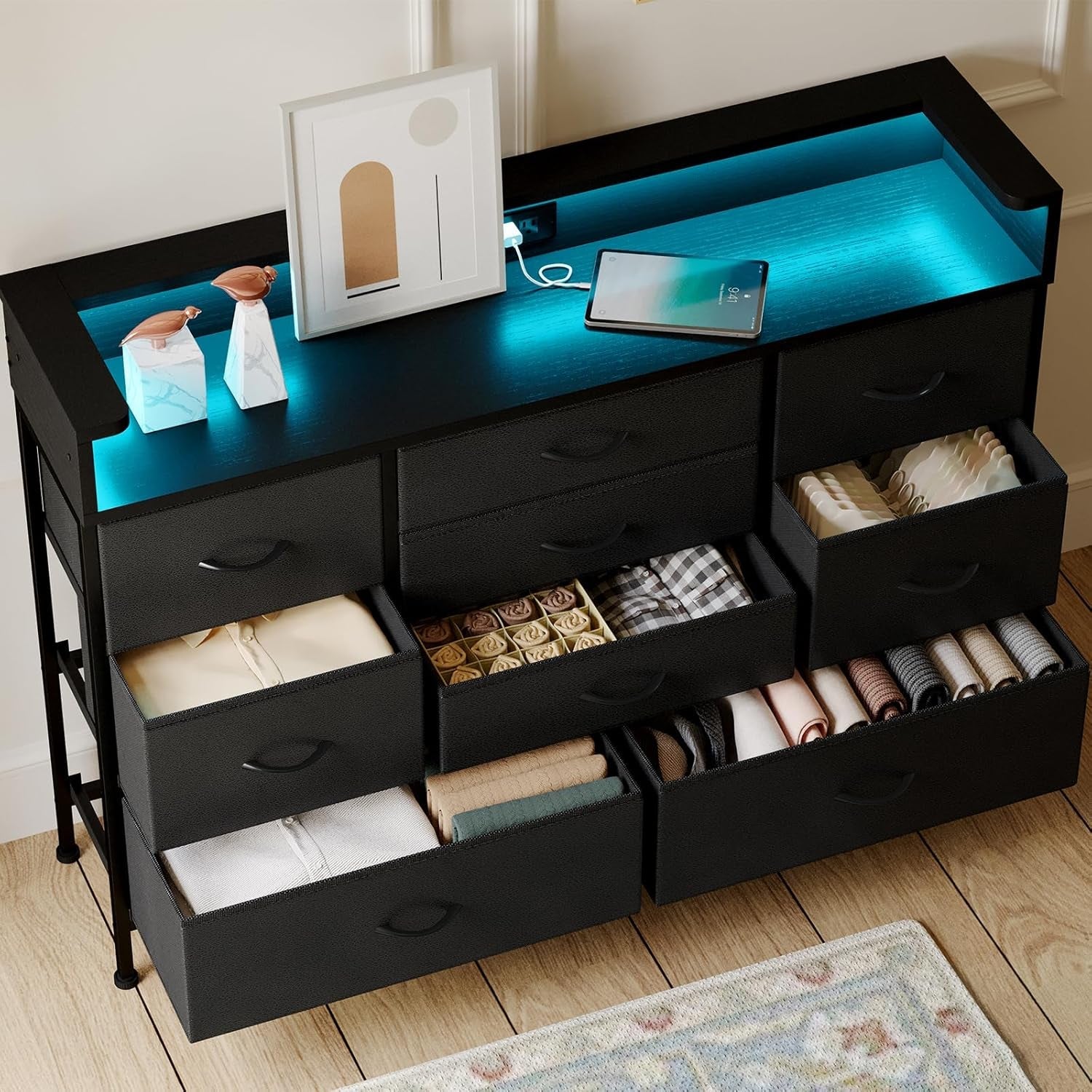 Black LED Dresser, Dresser with 9 Drawers and Charging Station, Fabric Chest of Drawers with PU Finish for Kid Room, Entryway, Living Room, Hallway-4