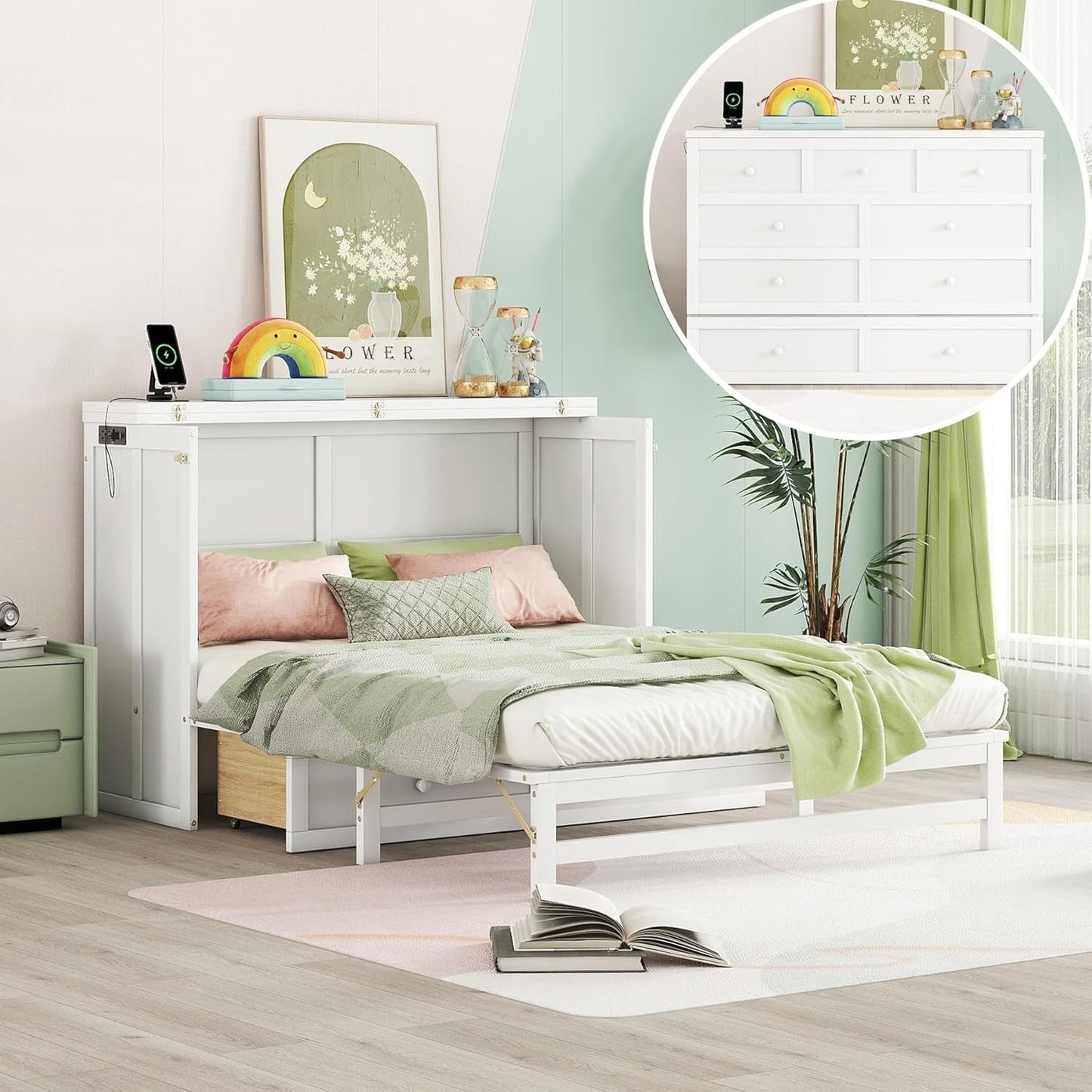 Queen Size Murphy Cabinet Bed with Desk and USB-Port-11