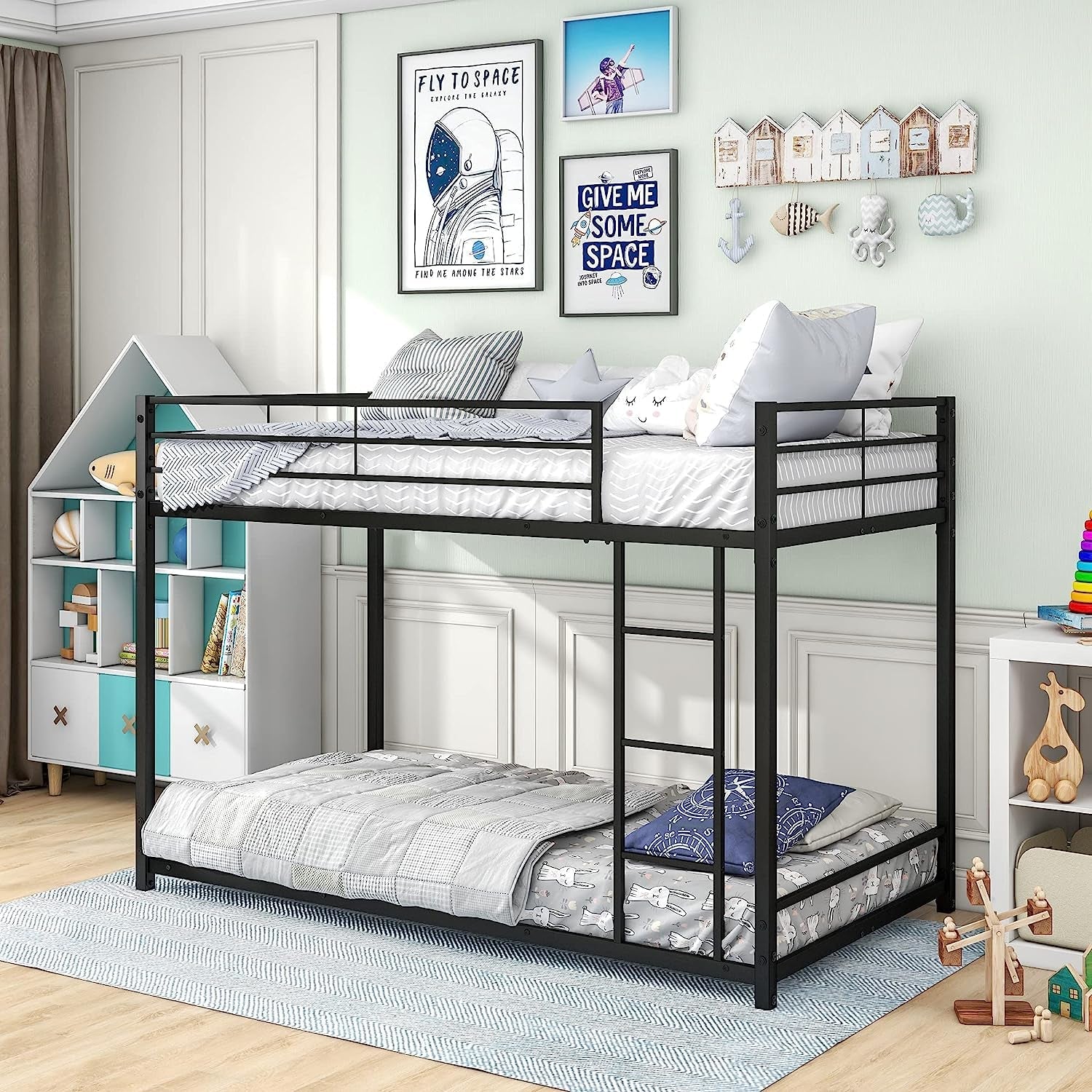 Twin Metal Low Bunk Bed with Guard Rails and Ladder-3