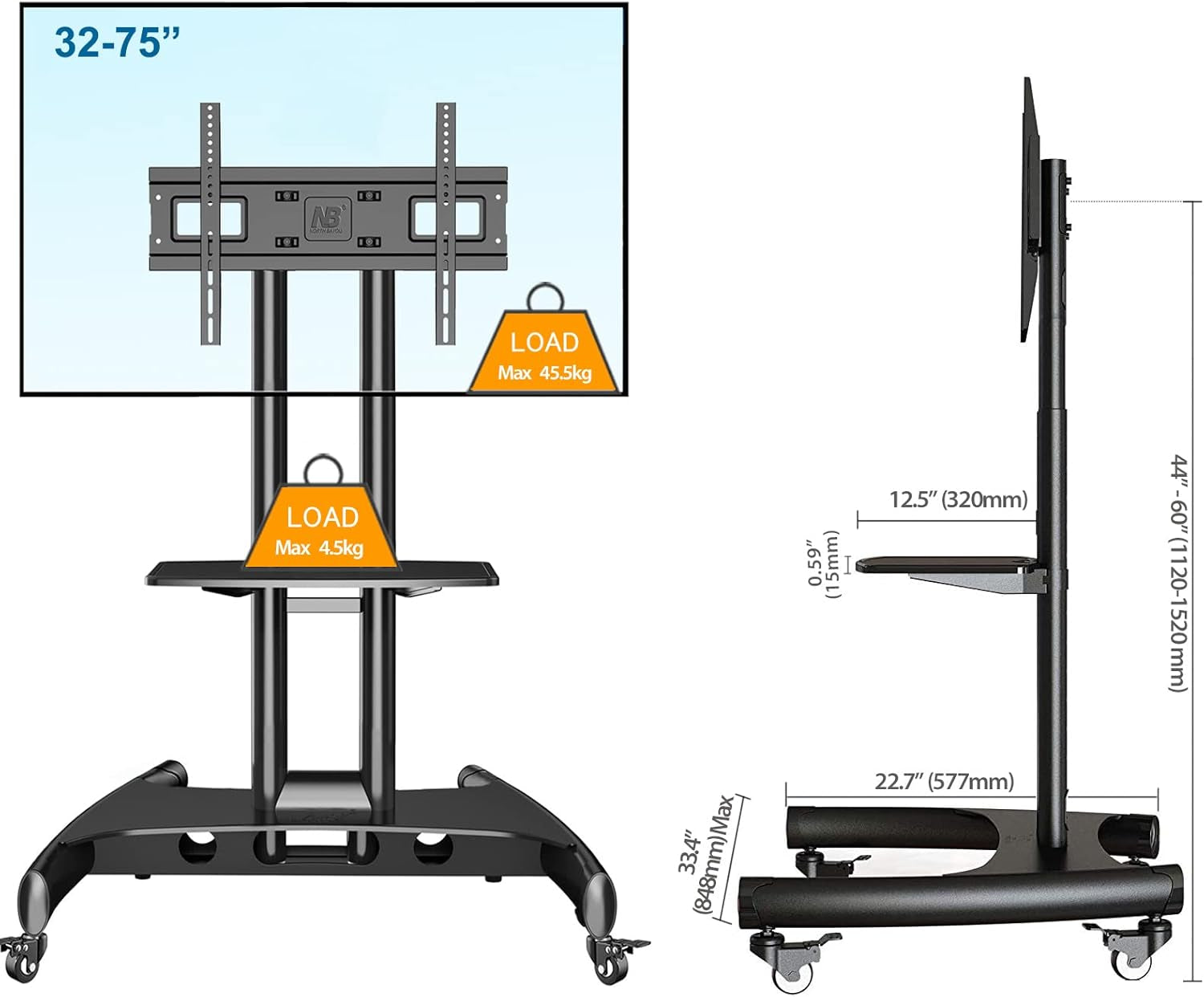 Mobile TV Cart Rooling TV Stand with Wheels for 32 to 75 Inch LCD LED OLED Plasma Flat Panel Screens up to 100Lbs AVA1500-60-1P (Black)-2