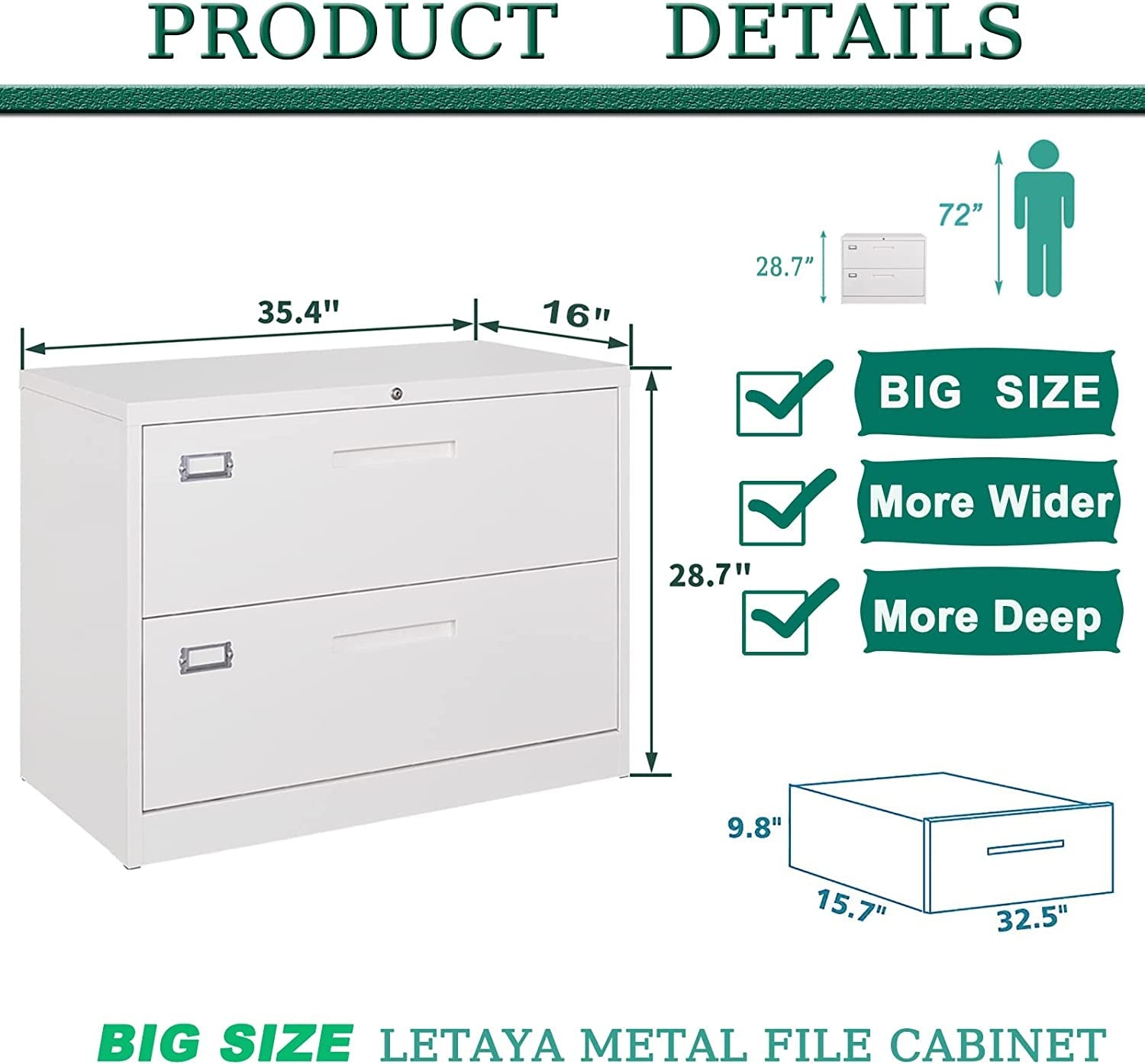 White 2-Drawer Metal Filing Cabinet with Lock-2