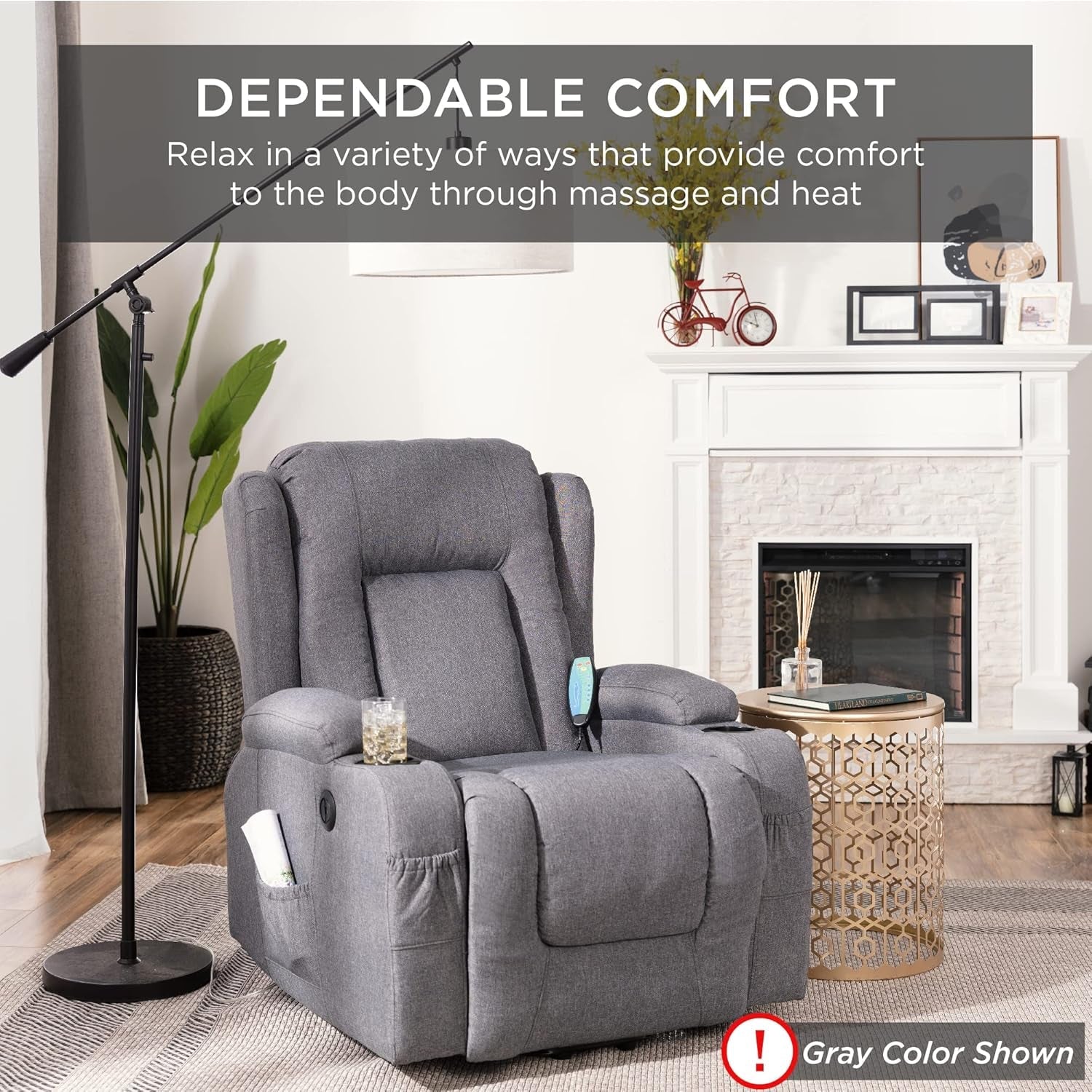 Modern Linen Electric Power Lift Chair, Recliner Massage Chair, Adjustable Furniture for Back, Legs W/ 3 Positions, USB Port, Heat, Cupholders, Easy-To-Reach Button - Blue-3