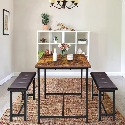 3-Piece Rustic Brown Dining Table Set for 4 with Benches-0