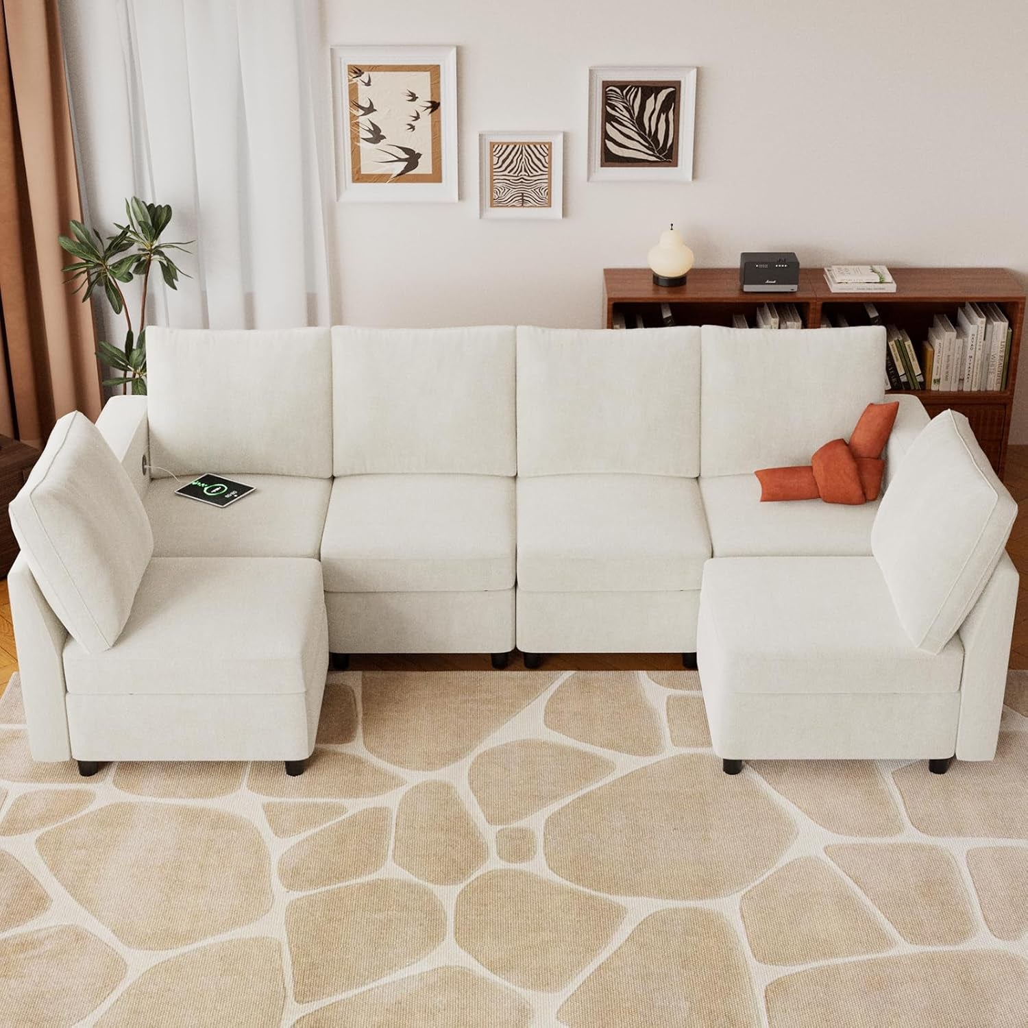 131.6"/108" Cream White Chenille Oversized Modular Sectional Sofa with Storage and USB Chargers, Comfy Sectional Sofa with 6 Seats, 6 Pieces Modern Couch Convertible Sleeper Bed for Living Room-1