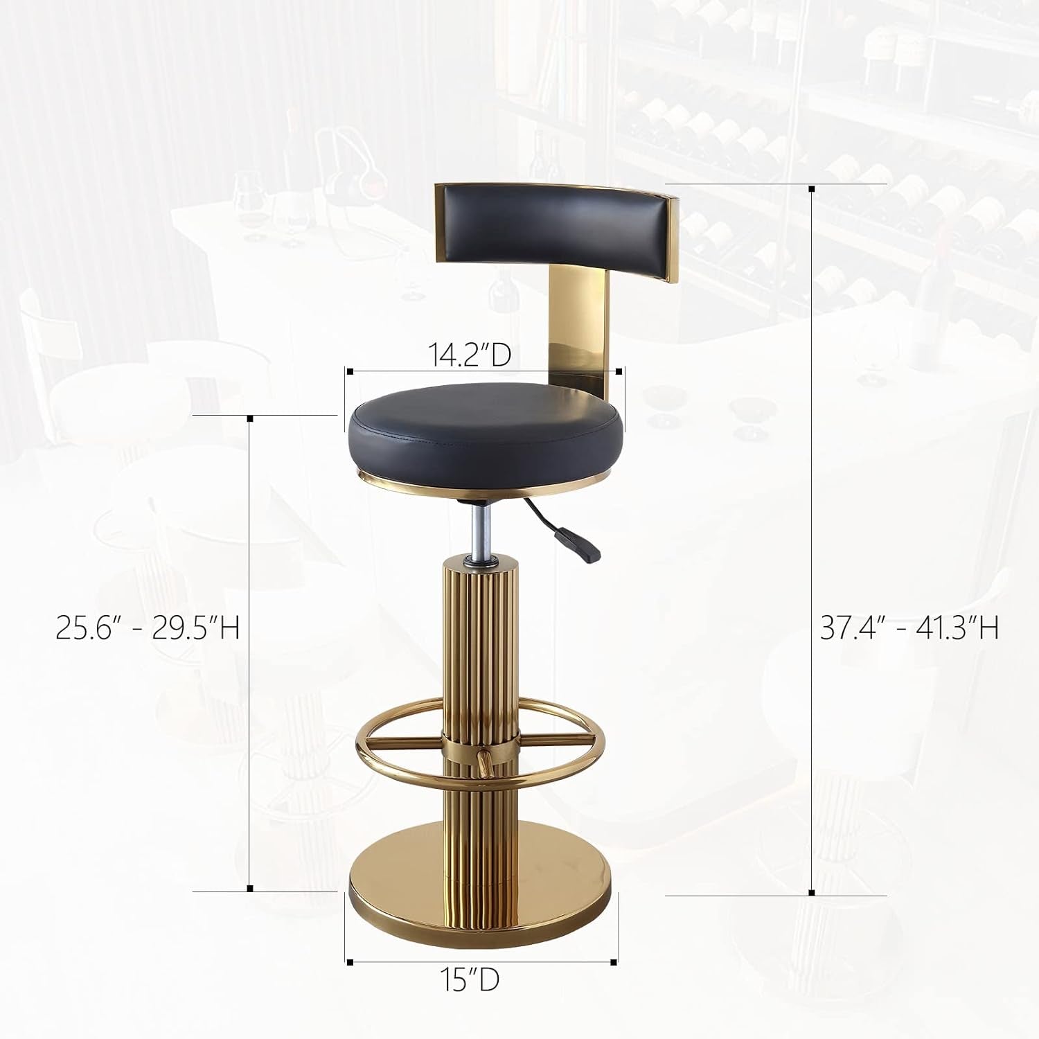 Swivel Bar Stools with Backrest, Modern Adjustable Height Counter Stool with Metal Legs and Comfortable Cushion, Black and Gold Bar Chair for Kitchen Island Counter (Black)-2