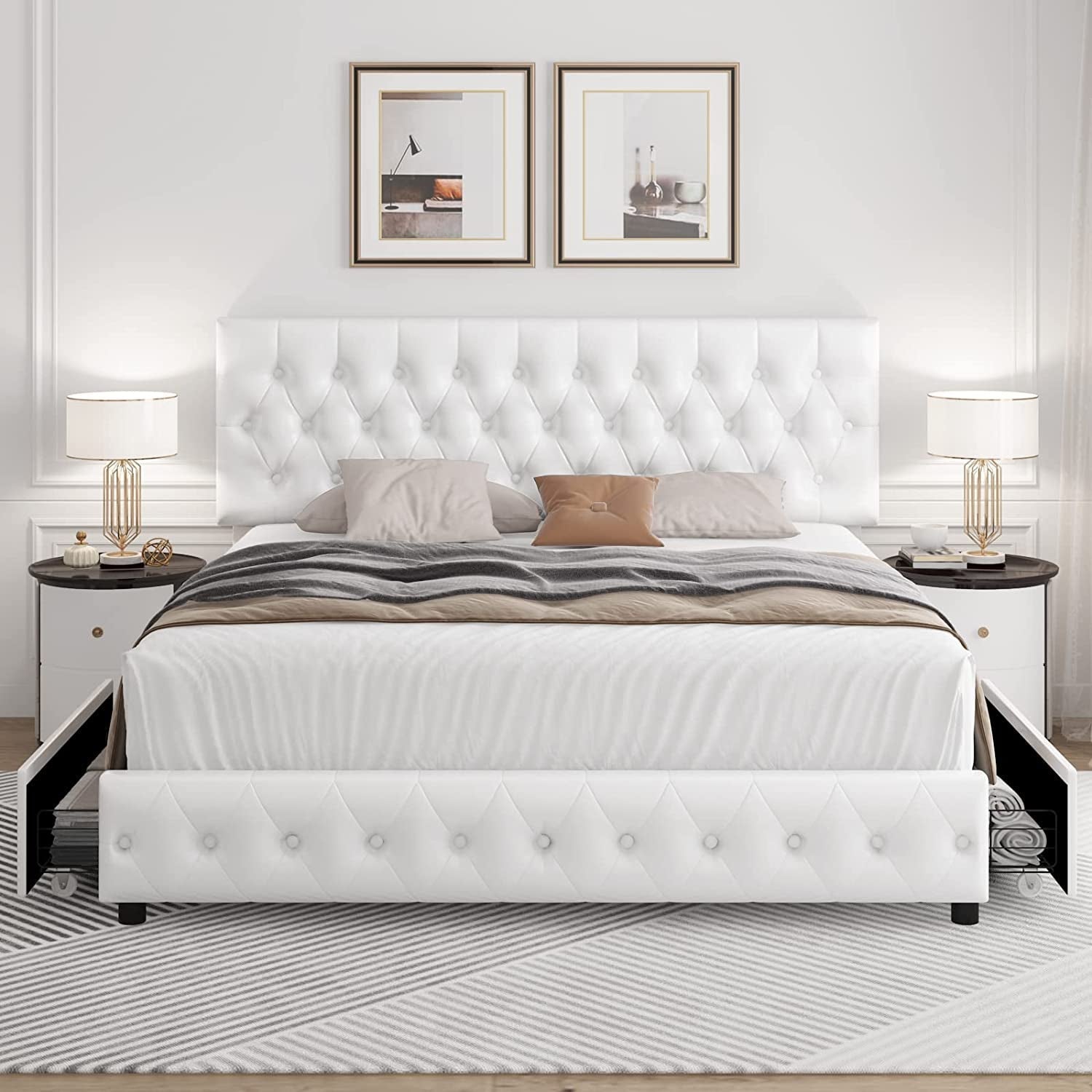 White Queen Bed Frame with Button Tufted Headboard-0