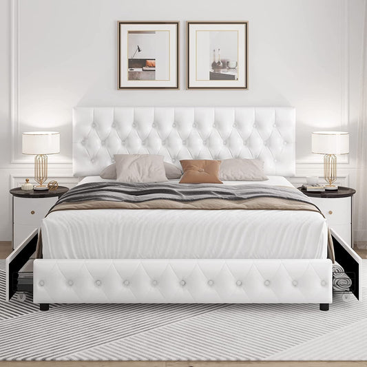 White Queen Bed Frame with Button Tufted Headboard-0