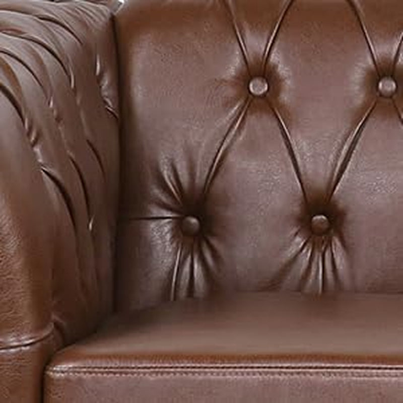 3 Piece Living Room Sofa Set, Chesterfield 3 Seat Sofa Loveseat Sofa Armchair, Modern Leather Couch Set with Rolled Arms and Nailhead Upholstered for Living Room, Office and Apartment, Brown-4