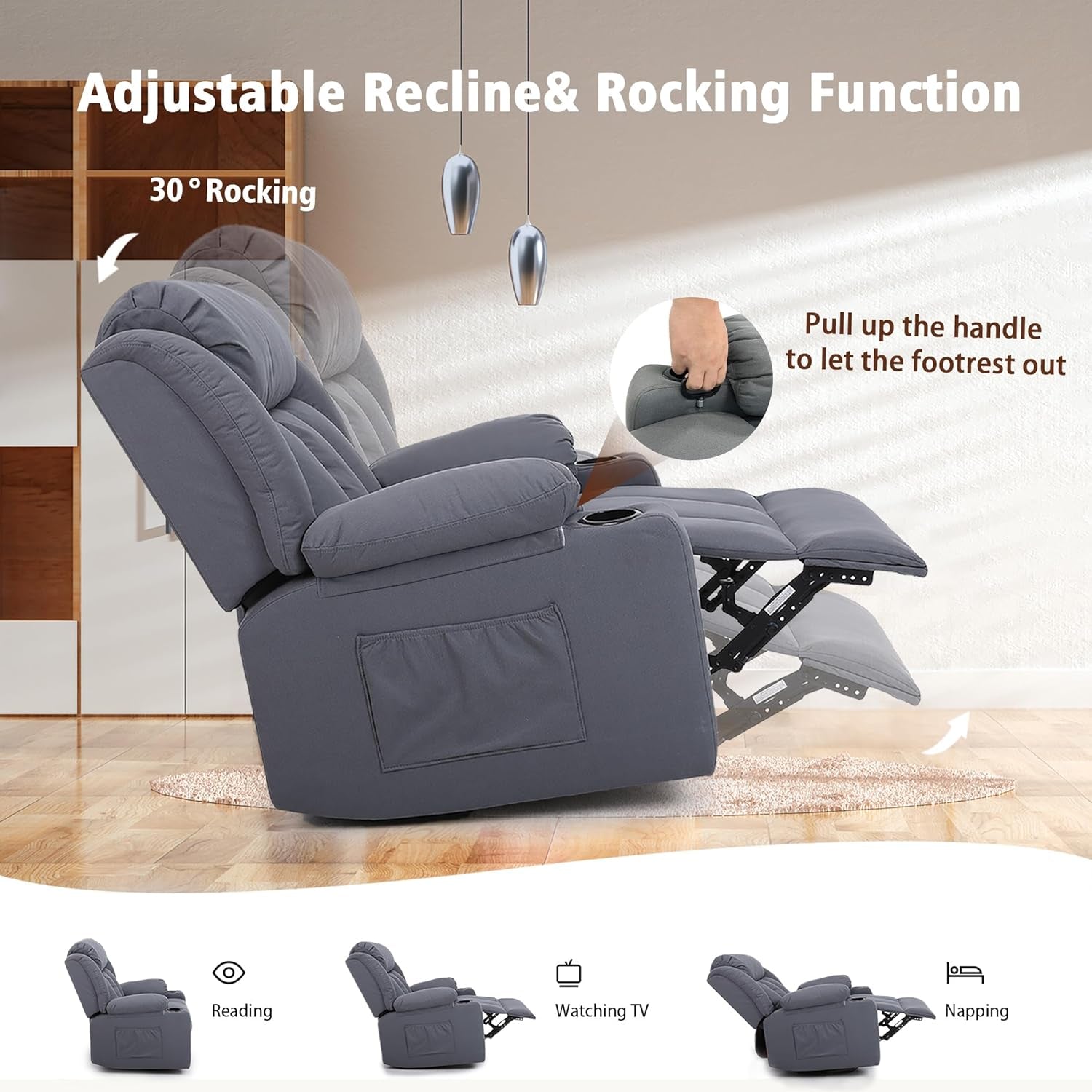 Rocker Swivel Recliner Chair for Adults, Overstuffed Large Manual Recliner Glider with Massage and Heat, Comfy Soft Fabric Living Room Reclining Sofa Chair(Technical Grey)-4