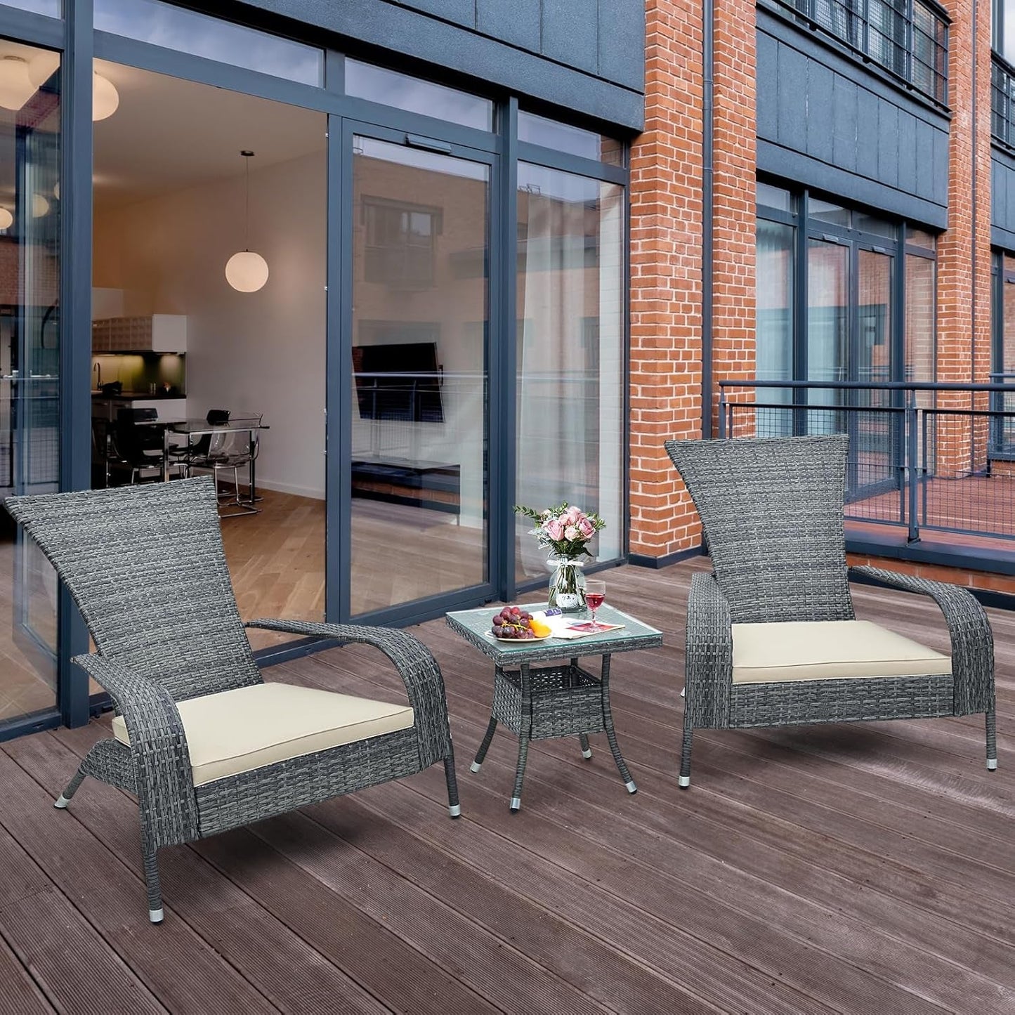 3-Piece Wicker Adirondack Set, Ergonomic Oversized Rattan Chairs W/Coffee Table, Comfy Seat Cushions, Tempered Glass Tabletop, Patio Wicker Conversation Set for Porch (Wicker, 3-Pc)-3