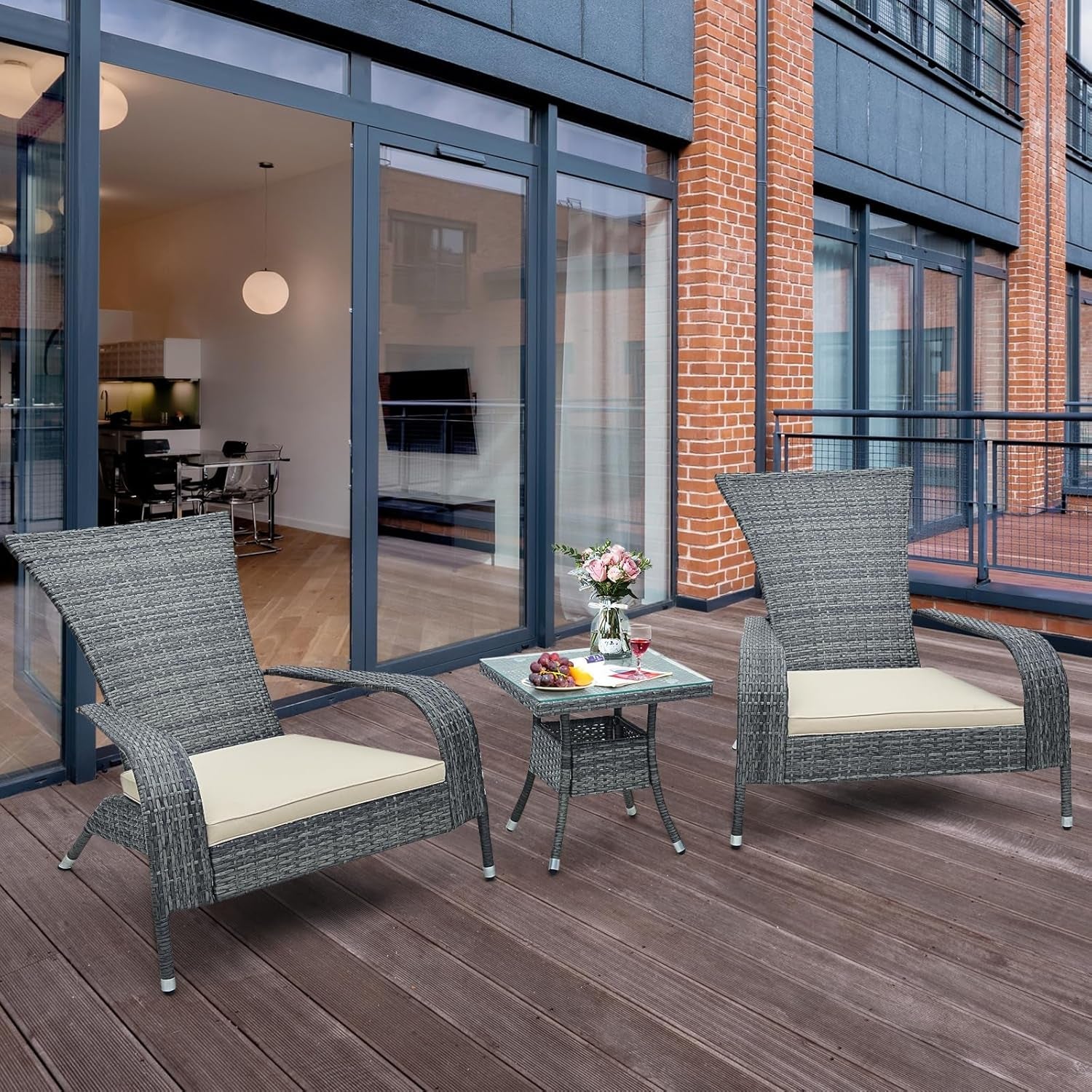 3-Piece Wicker Adirondack Set, Ergonomic Oversized Rattan Chairs W/Coffee Table, Comfy Seat Cushions, Tempered Glass Tabletop, Patio Wicker Conversation Set for Porch (Wicker, 3-Pc)-3