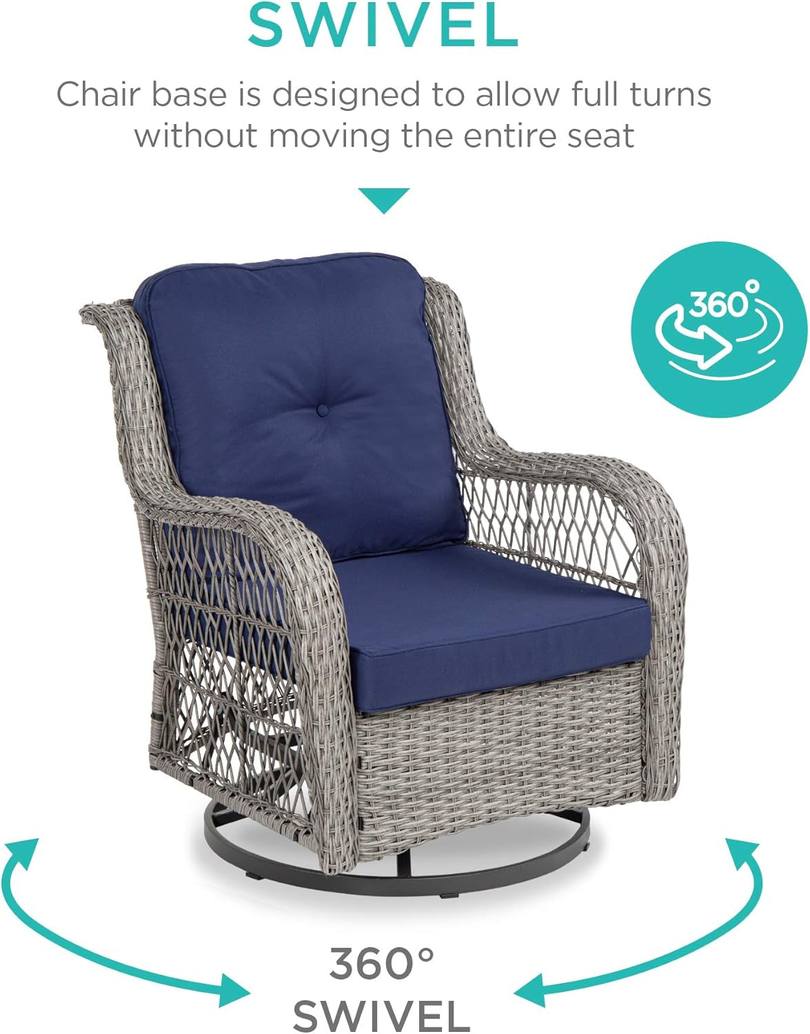 3-Piece Outdoor Wicker Patio Bistro Set W/ 2 360-Degree Swivel Rocking Chairs and Tempered Glass Top Side Table - Navy-1