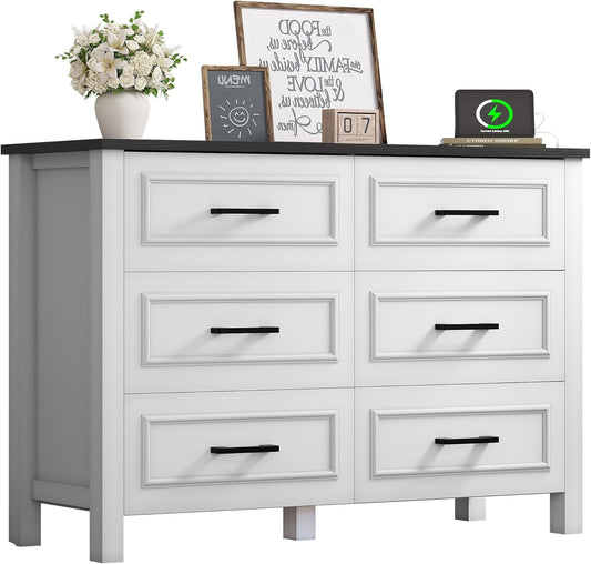 6-Drawer Dresser with Built-In Power Outlet, Wood Dresser TV Stand with 6 Large Drawers & Bar Handles, Dresser Chest of Drawers for Entryway Living Room Hallway, White & Black-0