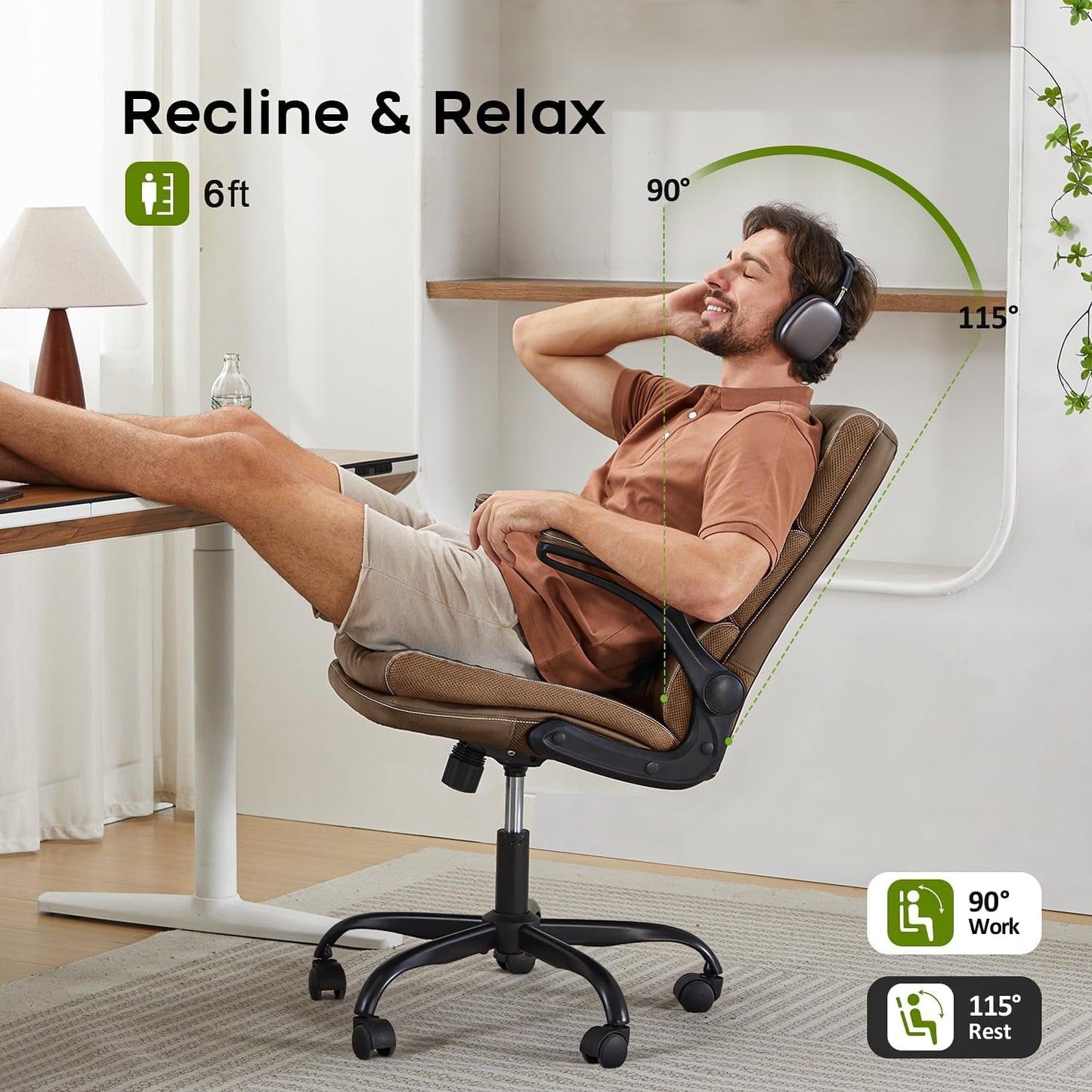 Office Chair Adjustable Desk Chair Mid Back Executive Comfortable Bonded Leather Ergonomic Back Support Home Computer Chair with Padded Flip-Up Armrest Swivel Wheels (Tan)-4