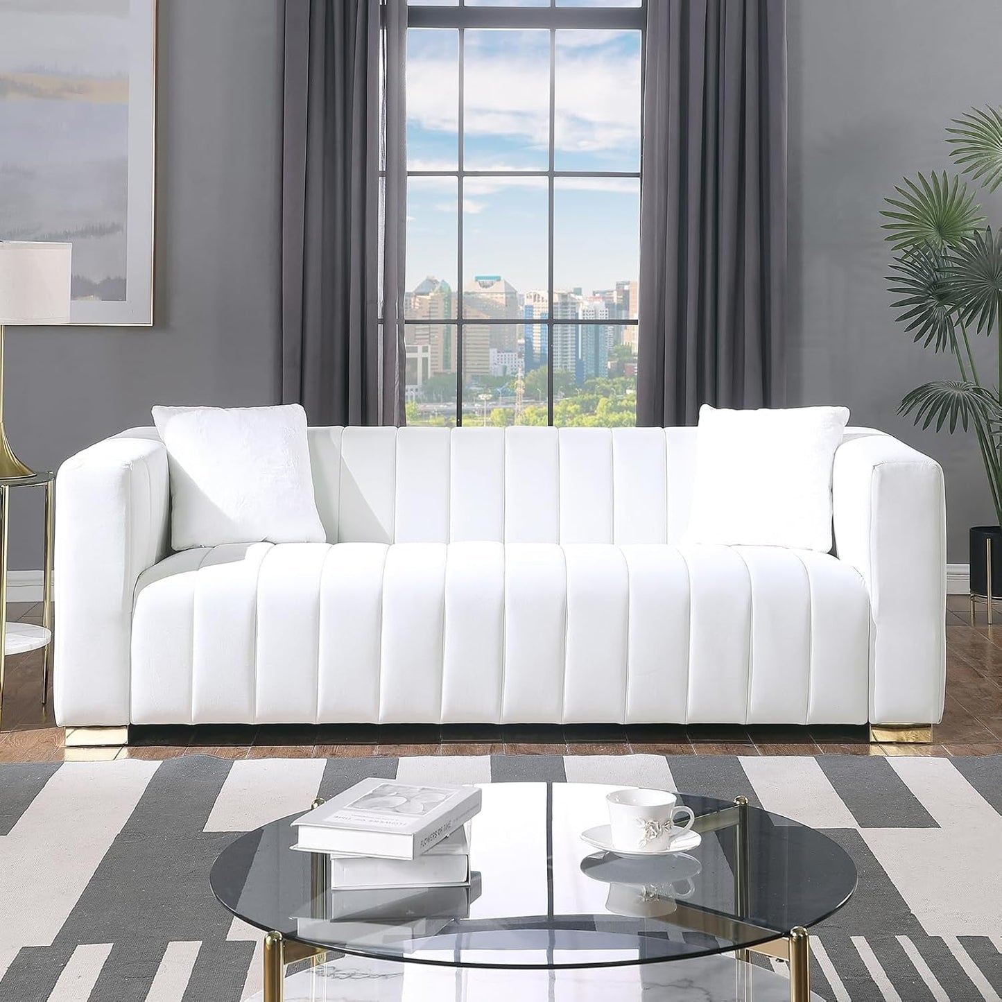 2 Piece Living Room Furniture Set, Including Loveseat and 3-Seater Sofa Couch with Channel Tufted Velvet Fabric, 4 Pillows for Bedroom Apartment, White-4