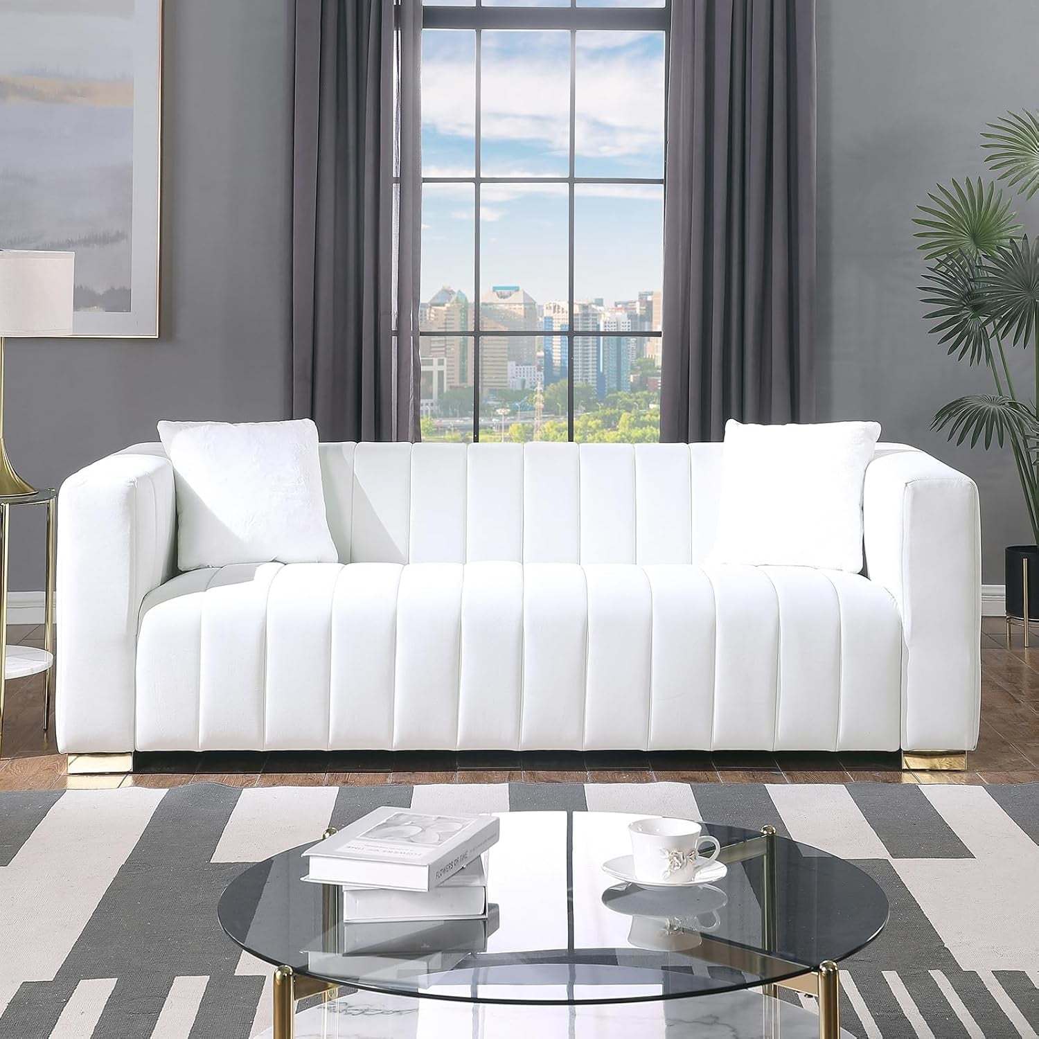 2 Piece Living Room Furniture Set, Including Loveseat and 3-Seater Sofa Couch with Channel Tufted Velvet Fabric, 4 Pillows for Bedroom Apartment, White-4