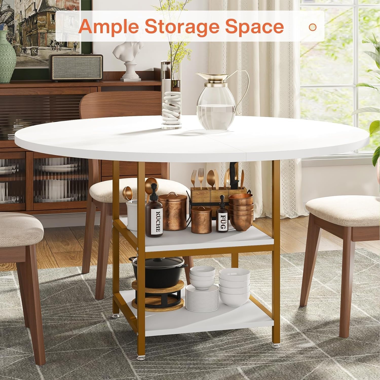 47 Inches Dining Table Kitchen Tables for Dining Room, 4 People round Dinner Table with Storage Shelves for Dinner Room Kitchen Living Room, White Gold(Only Table)-4
