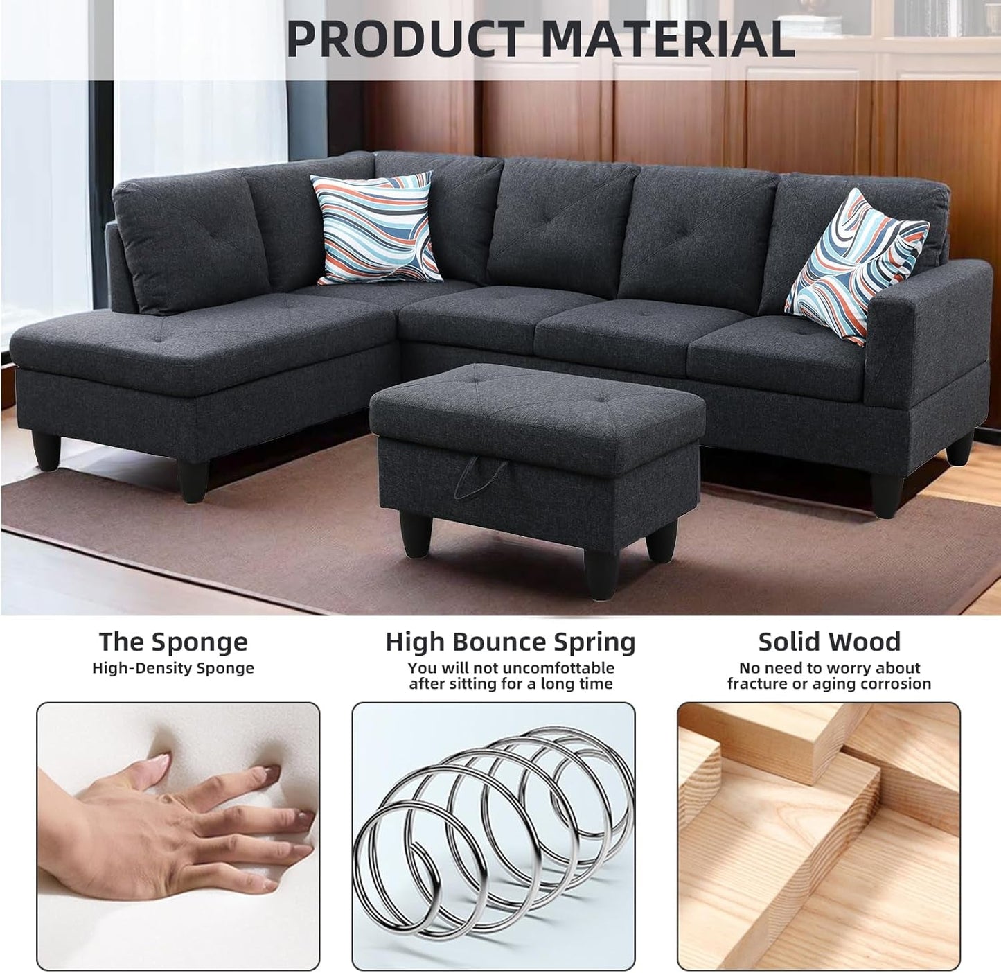 L Shaped Sectional Couch with Storage Ottoman, Modern Nailhead Comfy Lounge Sofa with Reversible Cup Holder & Chaise, 97" 4 Seat Modular Sofá for Living Room Apartment, Amaranth-2