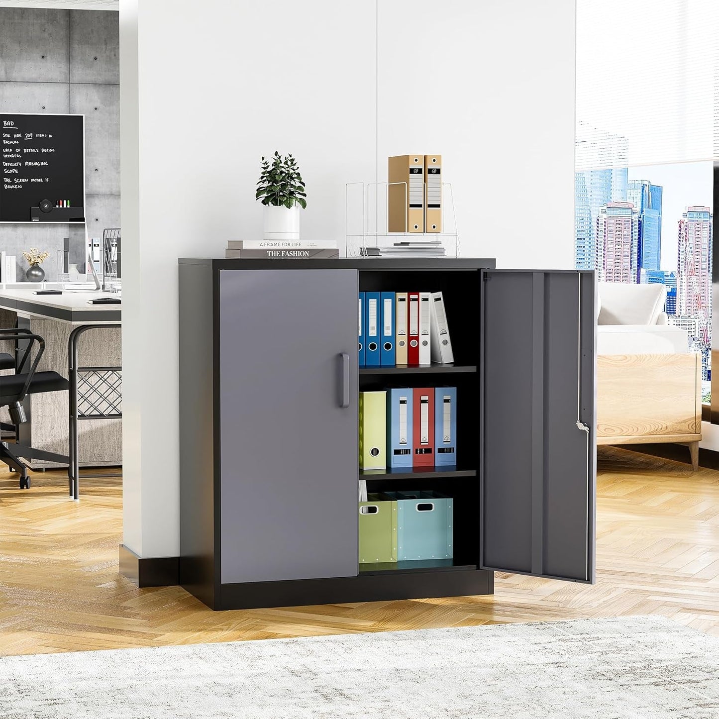 Metal Storage Cabinet, Storage Cabinet with 2 Adjustable Shelves, Steel Counter Cabinet with Lockable Doors for Home Office-3