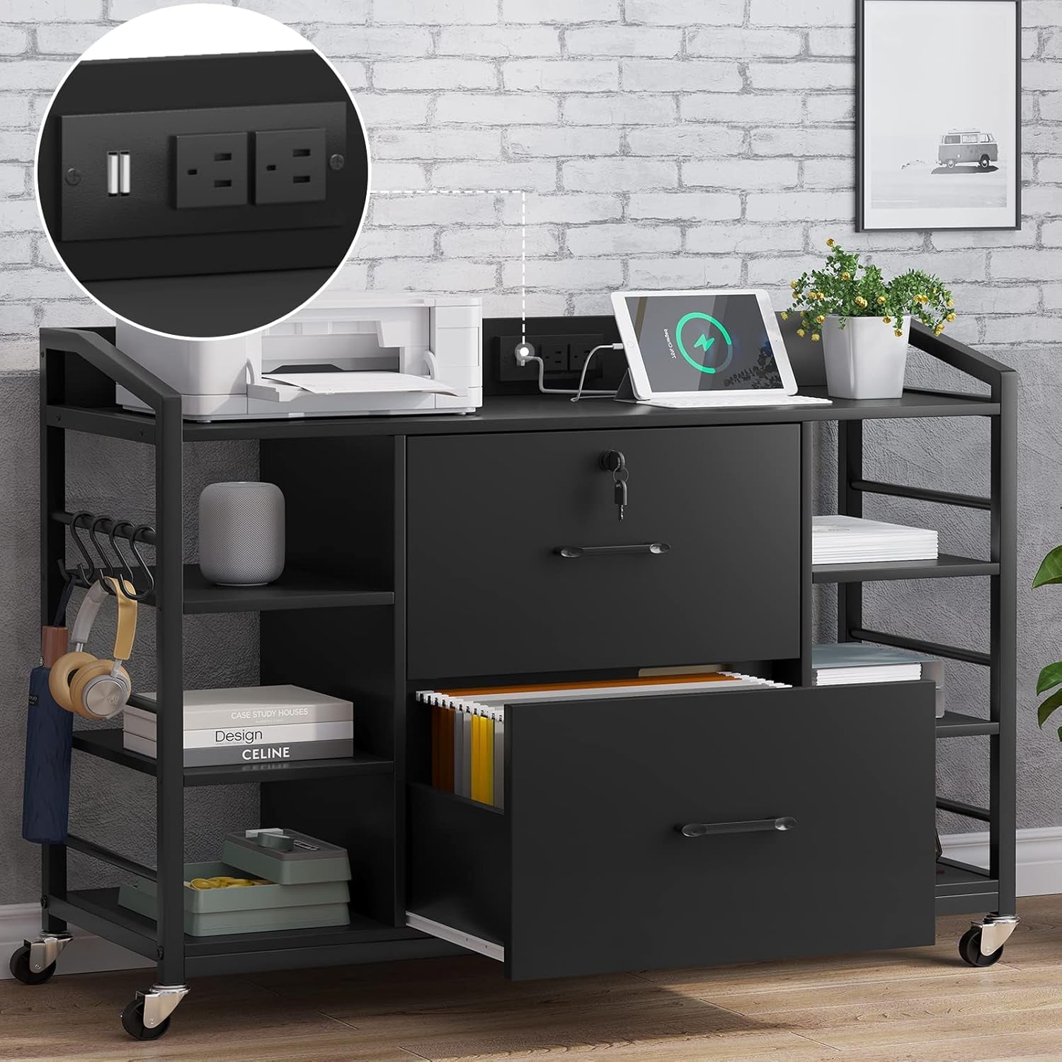 44" File Cabinet, Filing Cabinets Fits Legal, Letter, A4 Size, 2 Drawer Office File Cabinet for Home Office with Lock, Power Strip, 6 Adjustable Shelves & 4 Hooks, Black-2