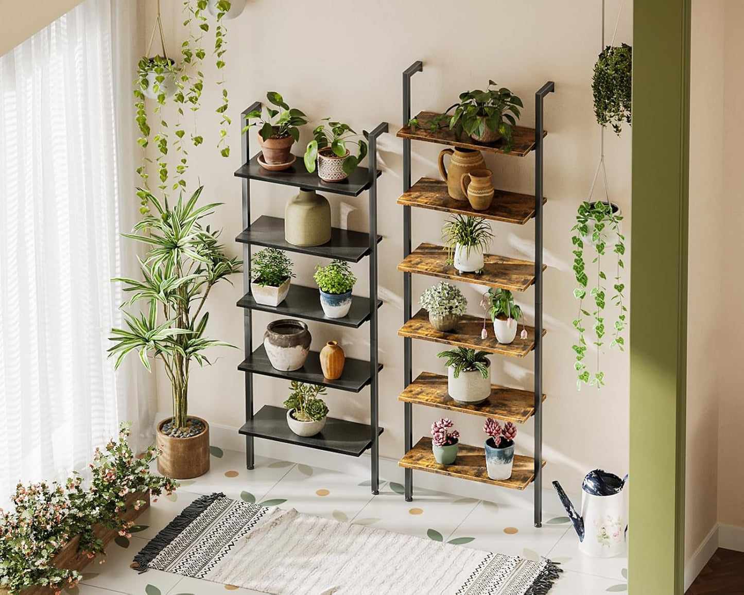 6-Tier Ladder Shelf, 87 Inches Wall Mounted Ladder Bookshelf with Metal Frame, Open Industrial Shelves for Home Office, Bedroom and Living Room, Rustic Brown-3