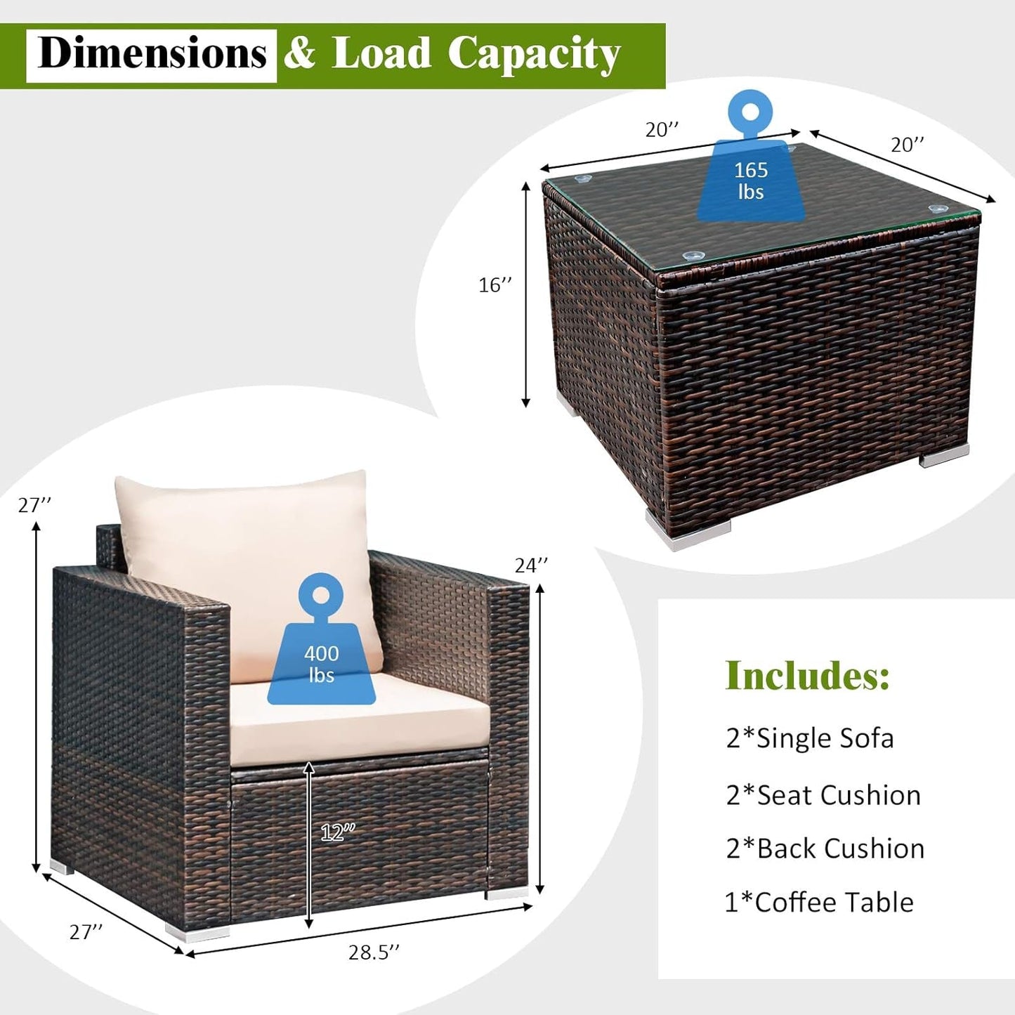 3 Pieces Patio Furniture Set, Outdoor Conversation Rattan Furniture Set W/Washable Cushion and Tempered Glass Tabletop, PE Rattan Wicker Sofa Set for Garden Poolside Balcony-4