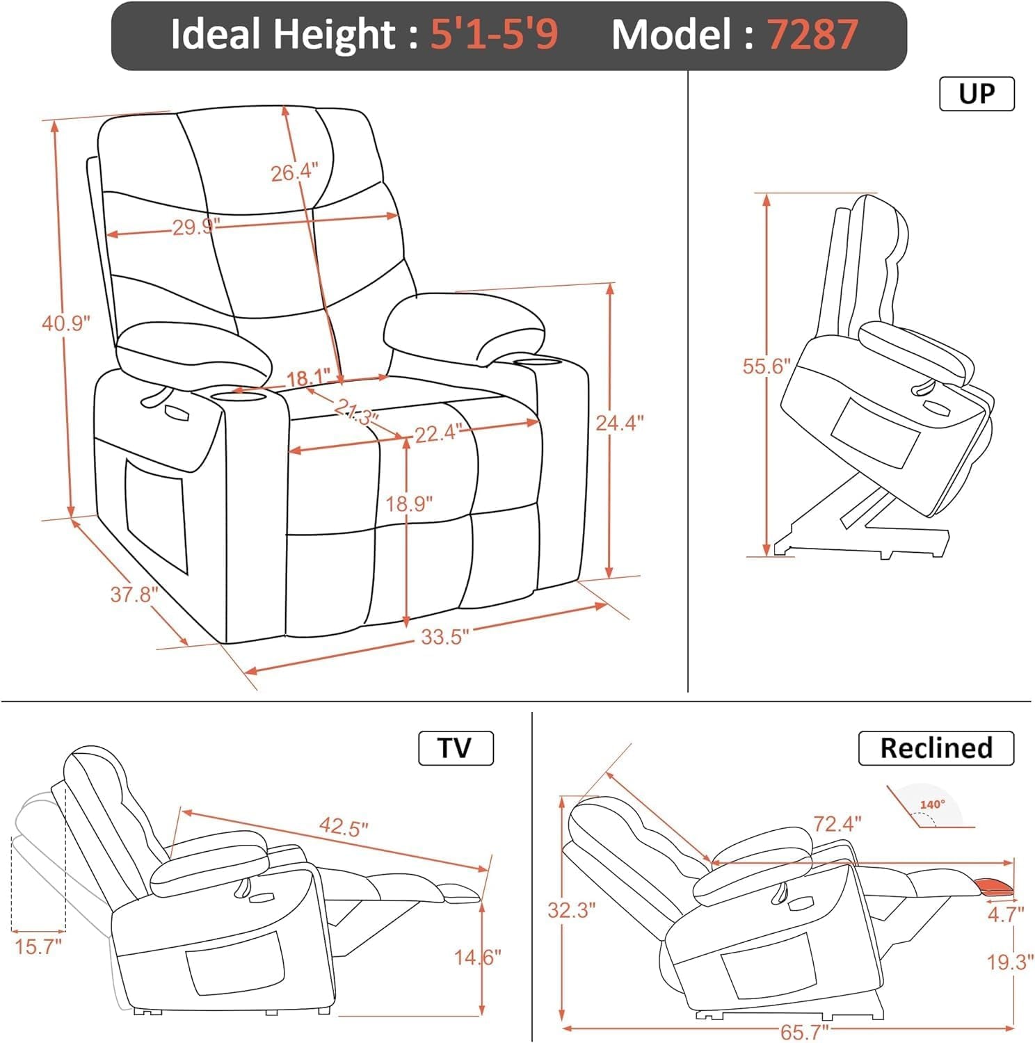 Power Lift Recliner Chair, 2 Cup Holders, USB Ports for Elderly People, Faux Leather 7287 (Black, Medium-Regular)-2
