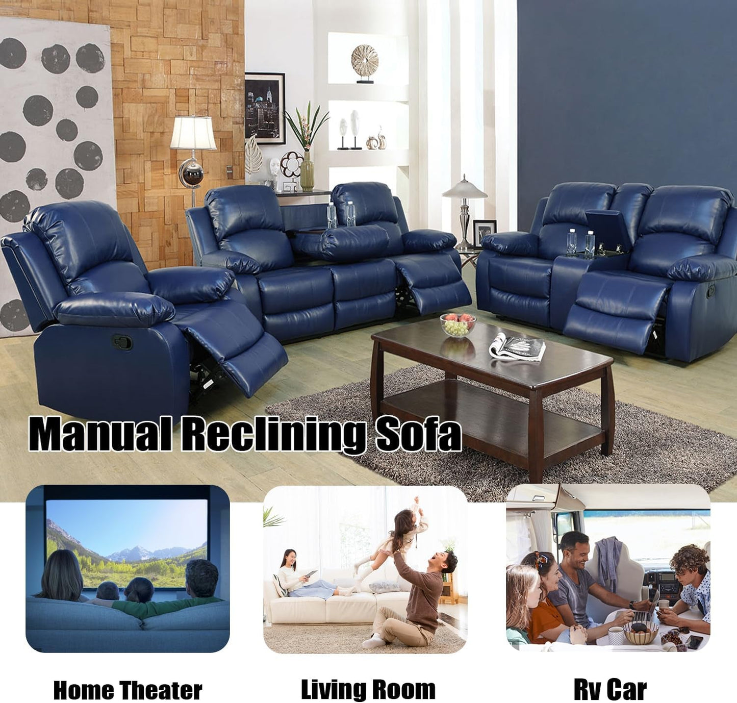 Blue Leather Reclining Sofa Set for Living Room Set,Recliner Sofa with Drop down Table/Double Recliner Loveseat with Storage Console/Recliner Chair/Faux Leather-4