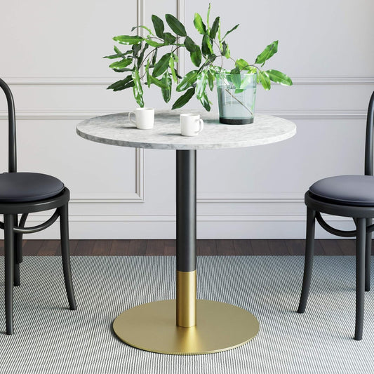 Bistro Lucy Small Mid-Century Modern Kitchen or Dining Table with Faux Carrara Marble Top and Brushed Metal Pedestal Base, Black/Gold 31D X 31.5W X 29H In-0