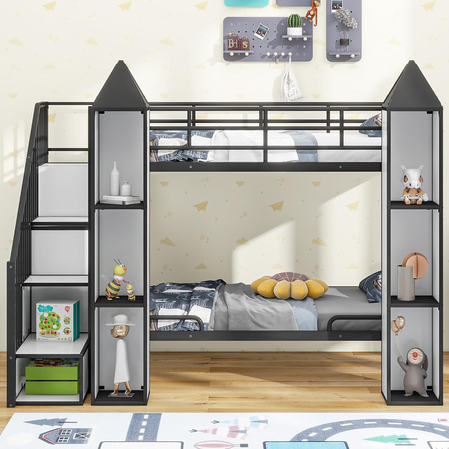 Twin Size Bunk Bed, Castle Shaped Metal Bed Frames with Wardrobe and Multiple Storage, Safety Guardrail. for Teens Boys, Black-2