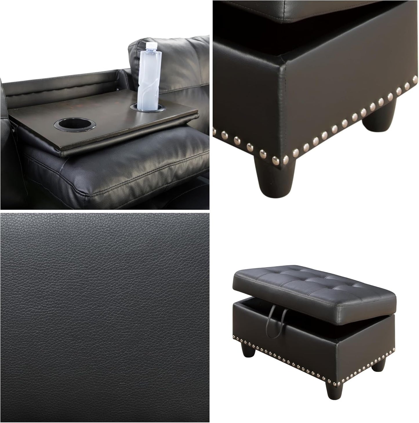 L Shaped Sectional Couches, Convertible Lounge Leather Couch with Reversible Cup Holder, Nail-Head Design Modern Modular Sectional Sofa for Living Room Furniture Sets, Black A-4