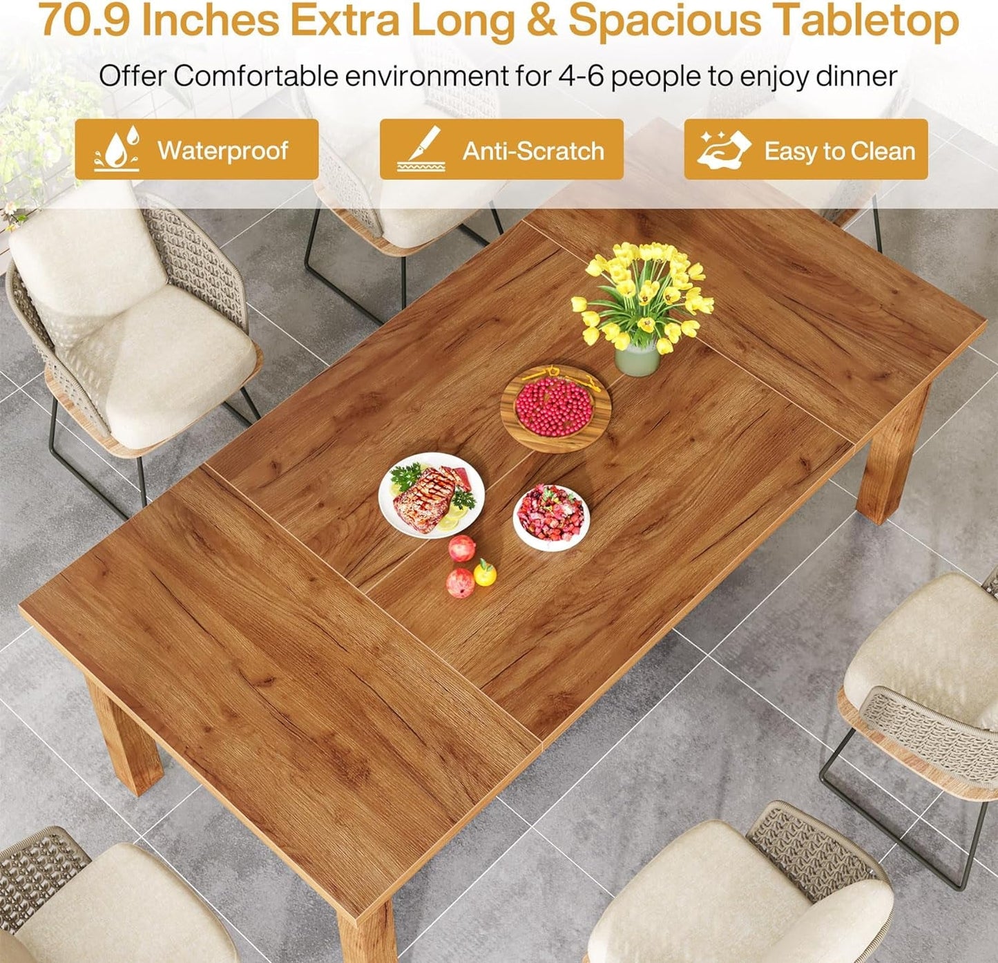 70.87" Wood Dining Table for 6-8 People, Modern Large Rectangle Kitchen Table, Farmhouse Dinner Table Dining Room Table Kitchen & Dining Room Furniture with Thickened Legs-3