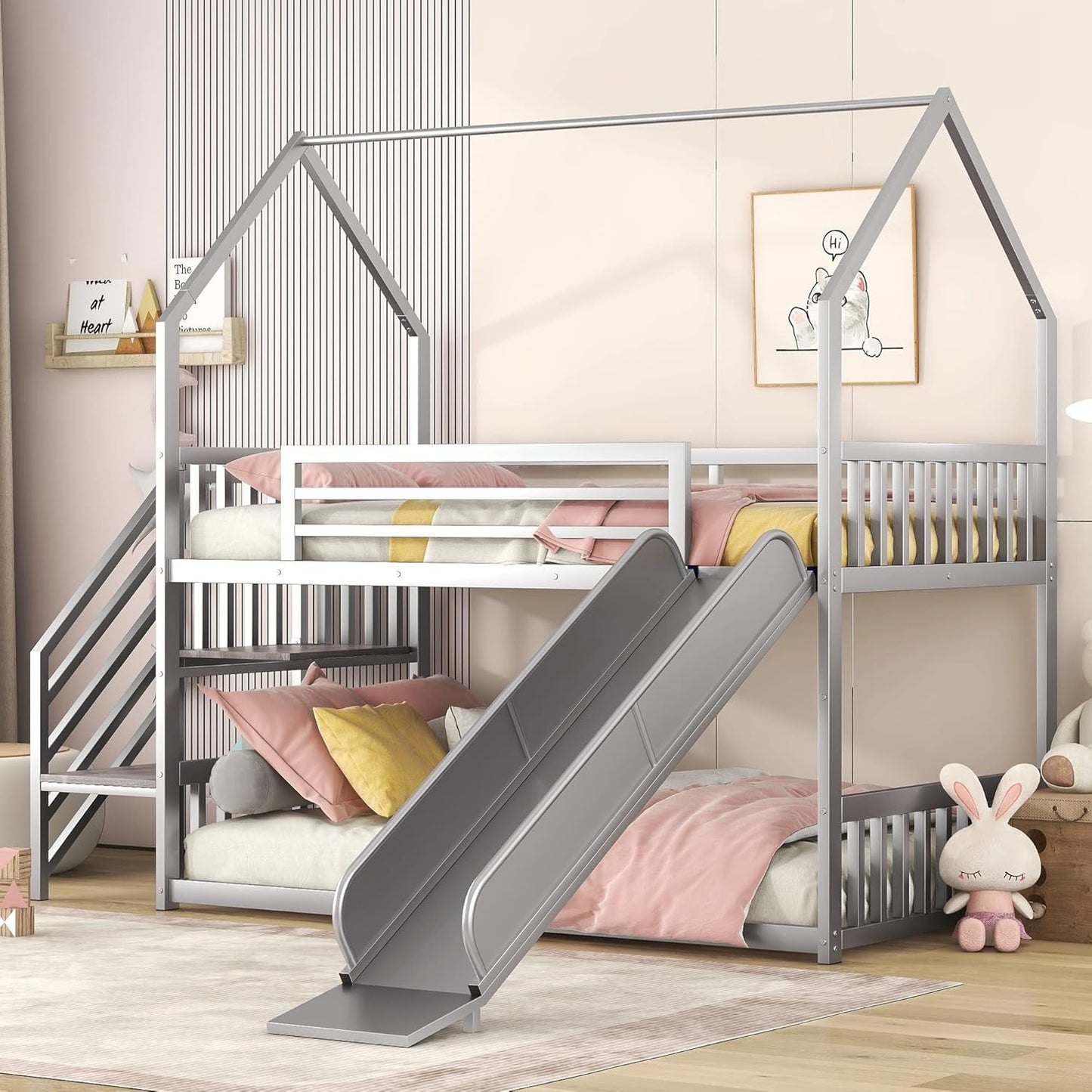 Twin over Twin Bunk Bed with Slide and Storage Stairs, Heavy Duty Bunk Bed/House Bunk Bed Twin over Twin, Twin Floor Bunk Beds for Kids, Girls, Boys(Twin over Twin Sliver)-0