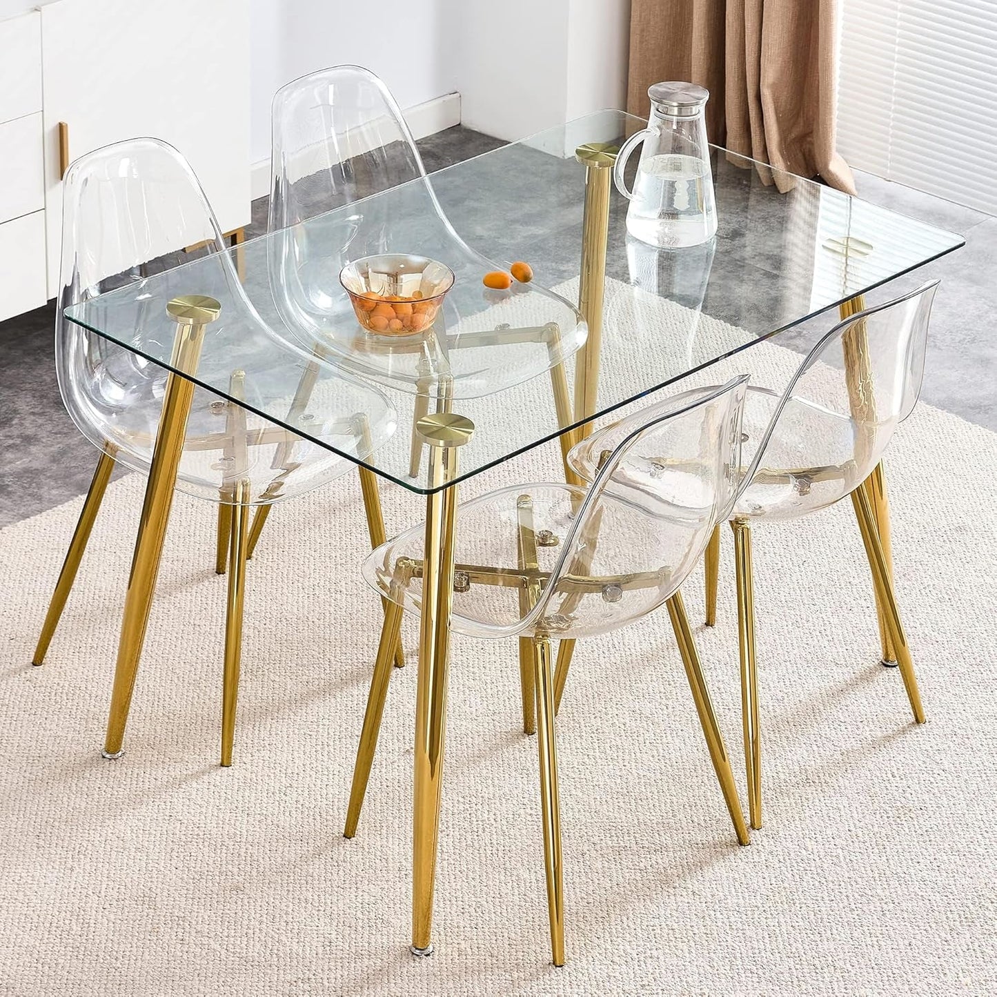 Clear Dining Chairs Set of 4, Modern Kitchen Chairs with Transparent Seat, Acrylic Accent Side Chairs with Plating Metal Legs for Dining Room, Kitchen, Living Room with Gold-2