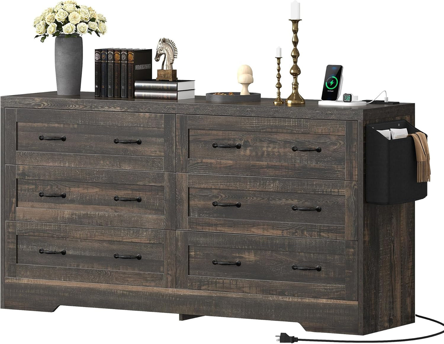 Farmhouse 6 Drawer Dresser for Bedroom, 31.5 Inch Tall Modern Dresser TV Stand with Large Drawers & Bar Handles, Storage Dressers with Power Outlets, Rustic Wood Chest of Drawers, Rustic Oak New-3