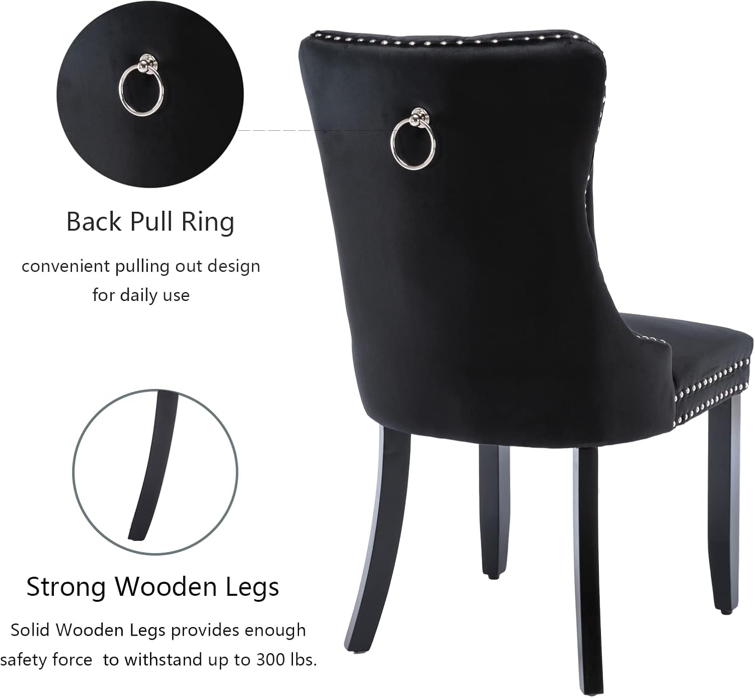 Black Velvet Dining Chairs Set of 4, Upholstered Dining Room Chairs with Back Ring Pull Trim and Solid Wood Legs,Modern Dining Chairs Perfect for Dining Room,Living Room,Kitchen(Black)-4