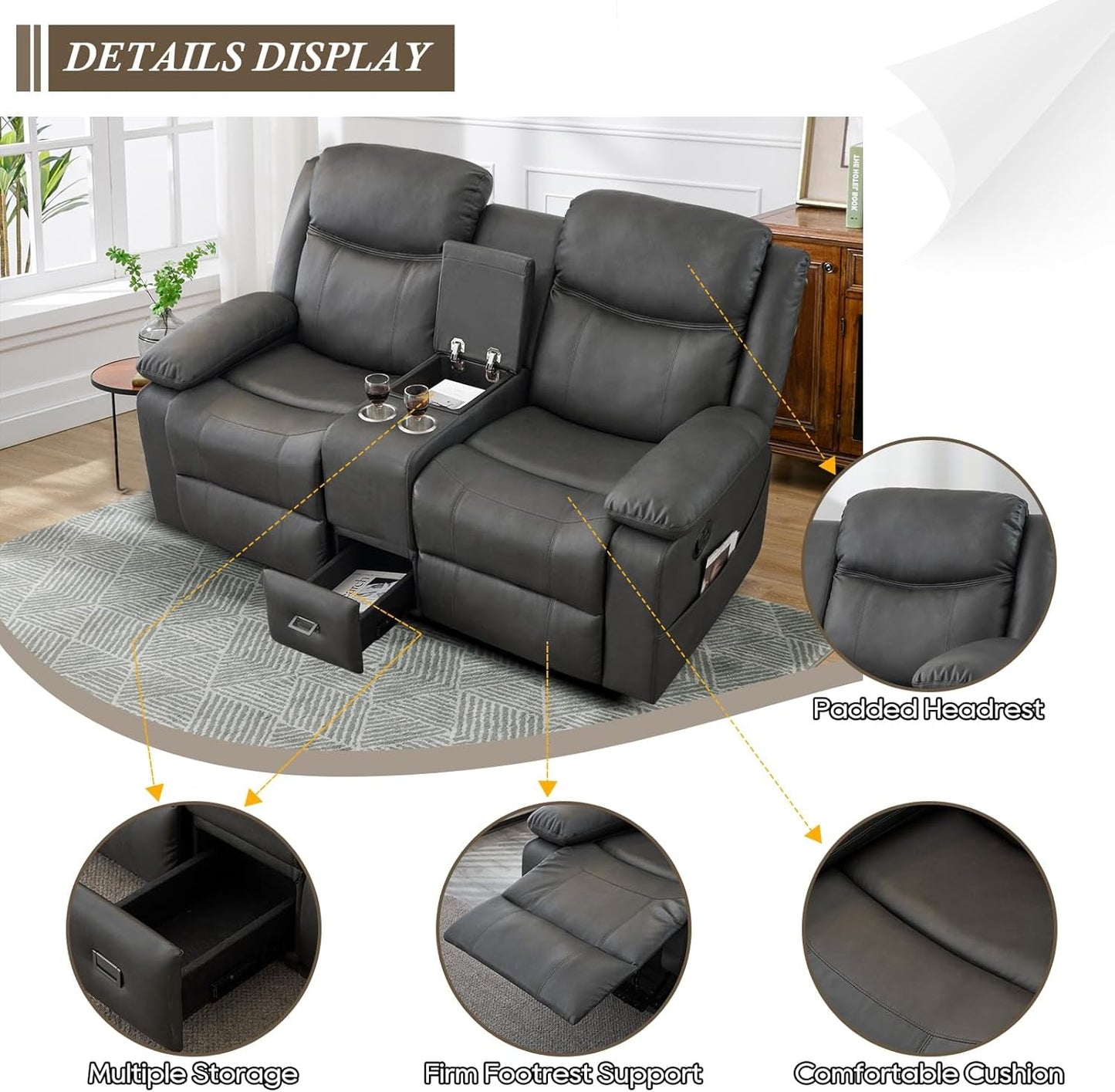 Loveseat Recliner, Reclining Loveseat with Console, Double Reclining Loveseat, 2 Seater Manual Reclining Couch for Living Room, Office, Home Theater(Pu-Grey)-4