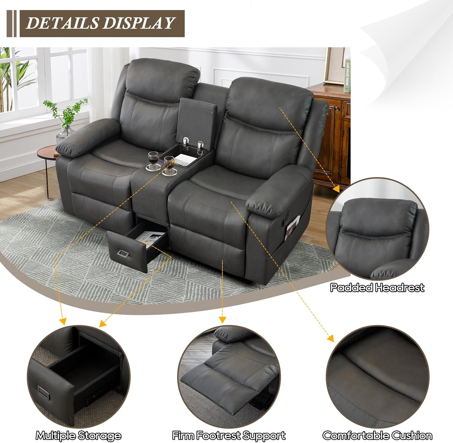 Loveseat Recliner, Reclining Loveseat with Console, Double Reclining Loveseat, 2 Seater Manual Reclining Couch for Living Room, Office, Home Theater(Pu-Grey)-4