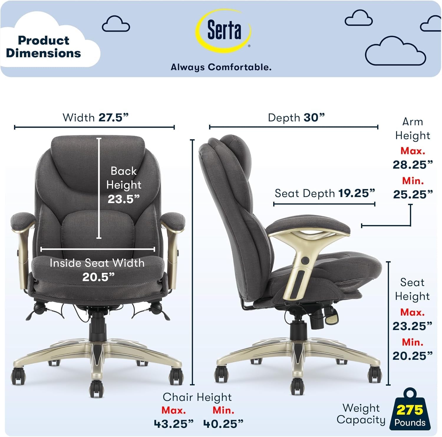 Claremont Ergonomic Executive Office Chair with Back in Motion Technology, Adjustable Mid Back Desk Chair with Lumbar Support, Fabric, Dark Gray-1