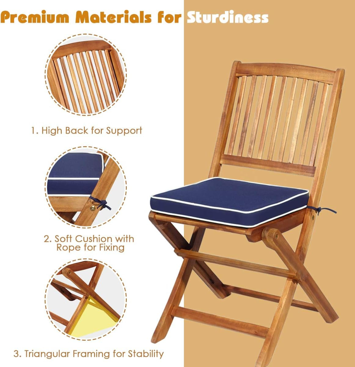 3Pcs Patio Bistro Set, Wood Folding Table Set, 2 Cushioned Chairs for Garden Yard, Outdoor Furniture round Table (Natural & Navy Blue)-3