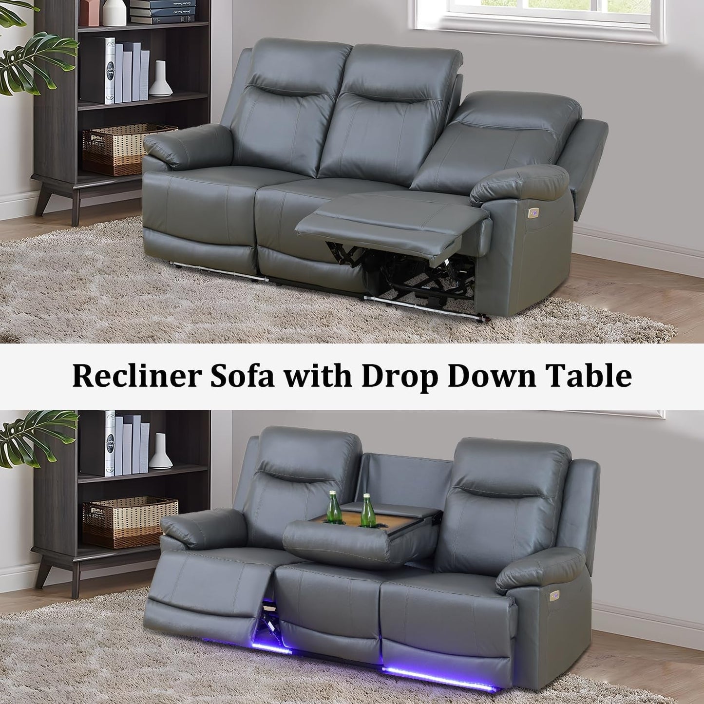 Leather Power Recliner Sofa Set with LED, Power Reclining Living Room Set, Leather Sofa Couch Set with USB Port/Cup Holder/Storage (Leather Sofa and Chair Set, Dark Grey)-3