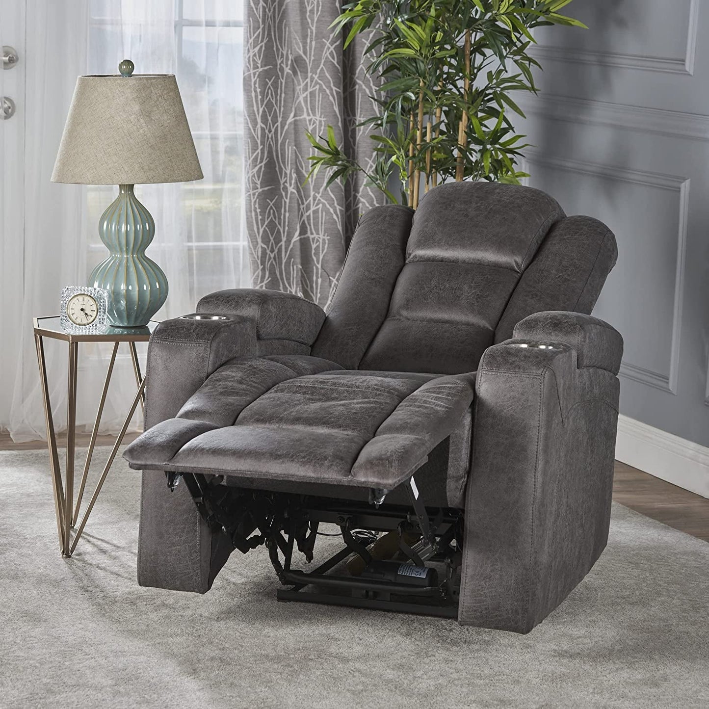 Tufted Microfiber Power Recliner W/Arm Storage and USB Cord, Slate/Black-4
