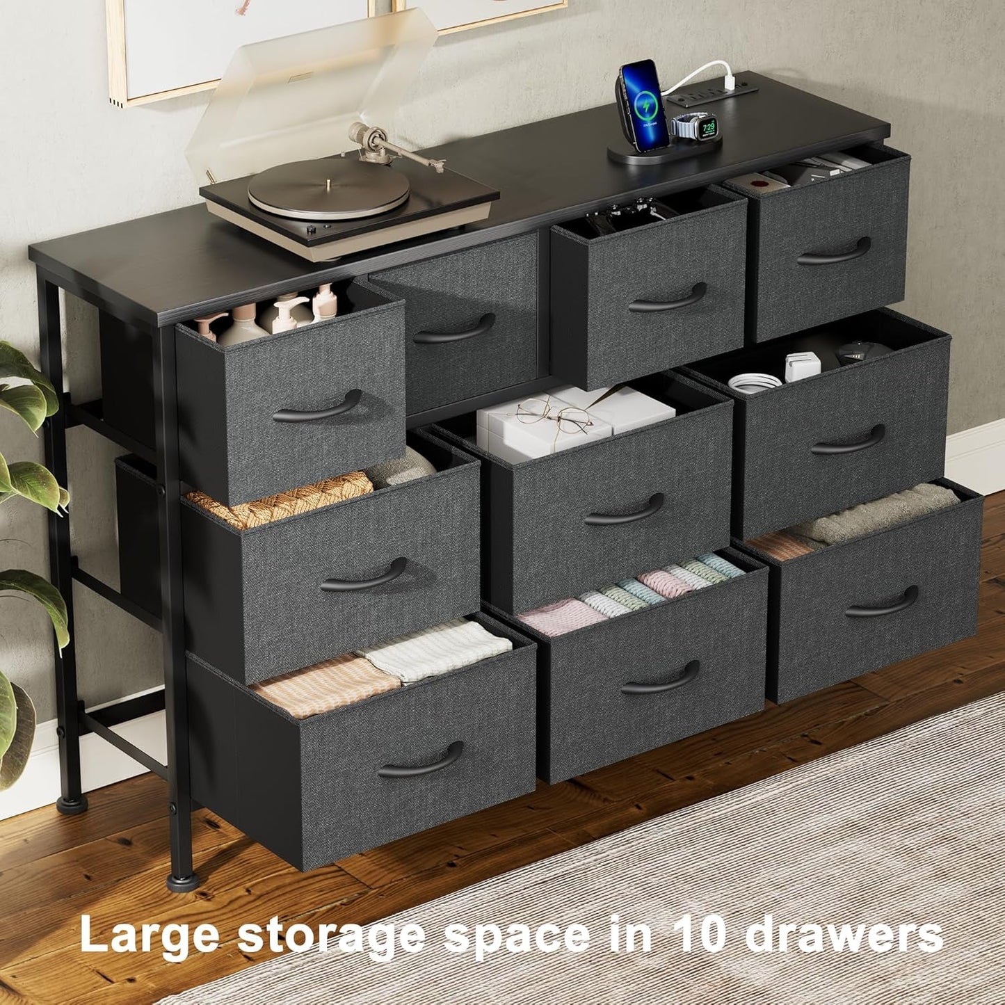 Dresser for Bedroom 10 Drawer Bedroom TV Stand with Power Outlet, Entertainment Center Chest of Drawers, Long Fabric Dresser for Living Room save Space Grey-2