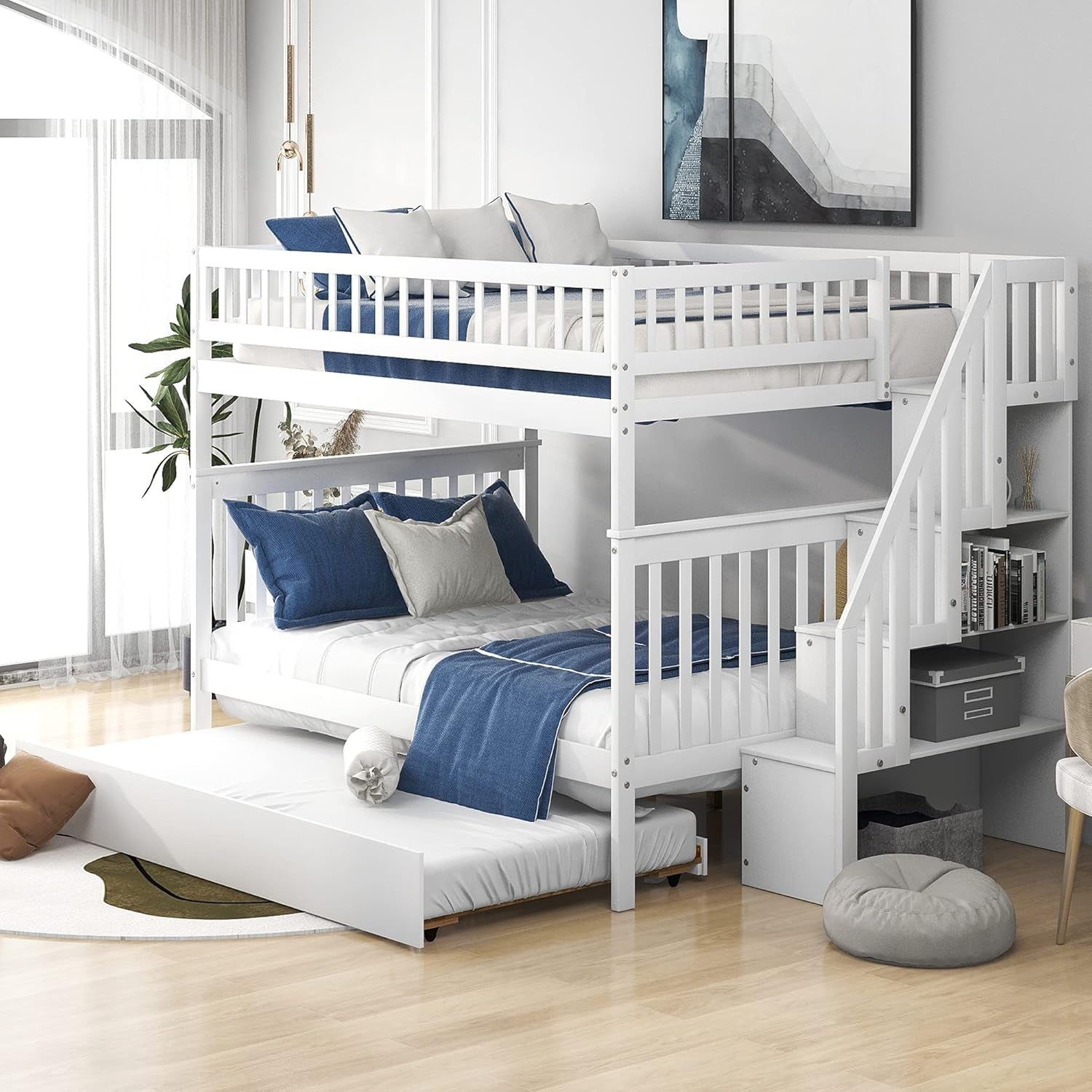 Full over Full Bunk Beds with Trundle and Stairs Stairway Bunk Bed Frame with Storage Shelves for Kids Teens Adult, Detachable Wood Full Bunk Bed for Boys Girls Adults, White-0