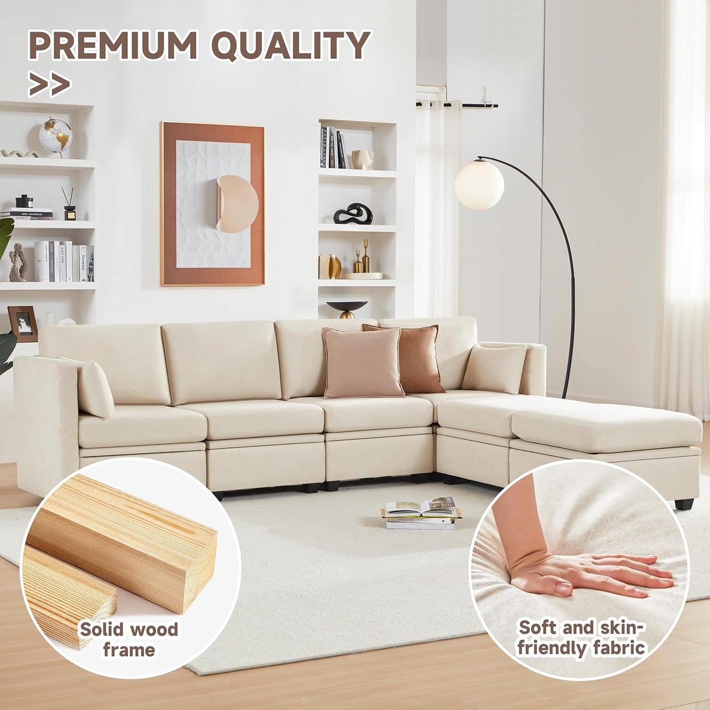 Modular Sectional Sofa with Storage, U Shaped Sectional Couch for Living Room, Convertible Modular Sofa Couch with Ottomans, High Supportive & Soft Sponge, 6 Seat, Beige-4