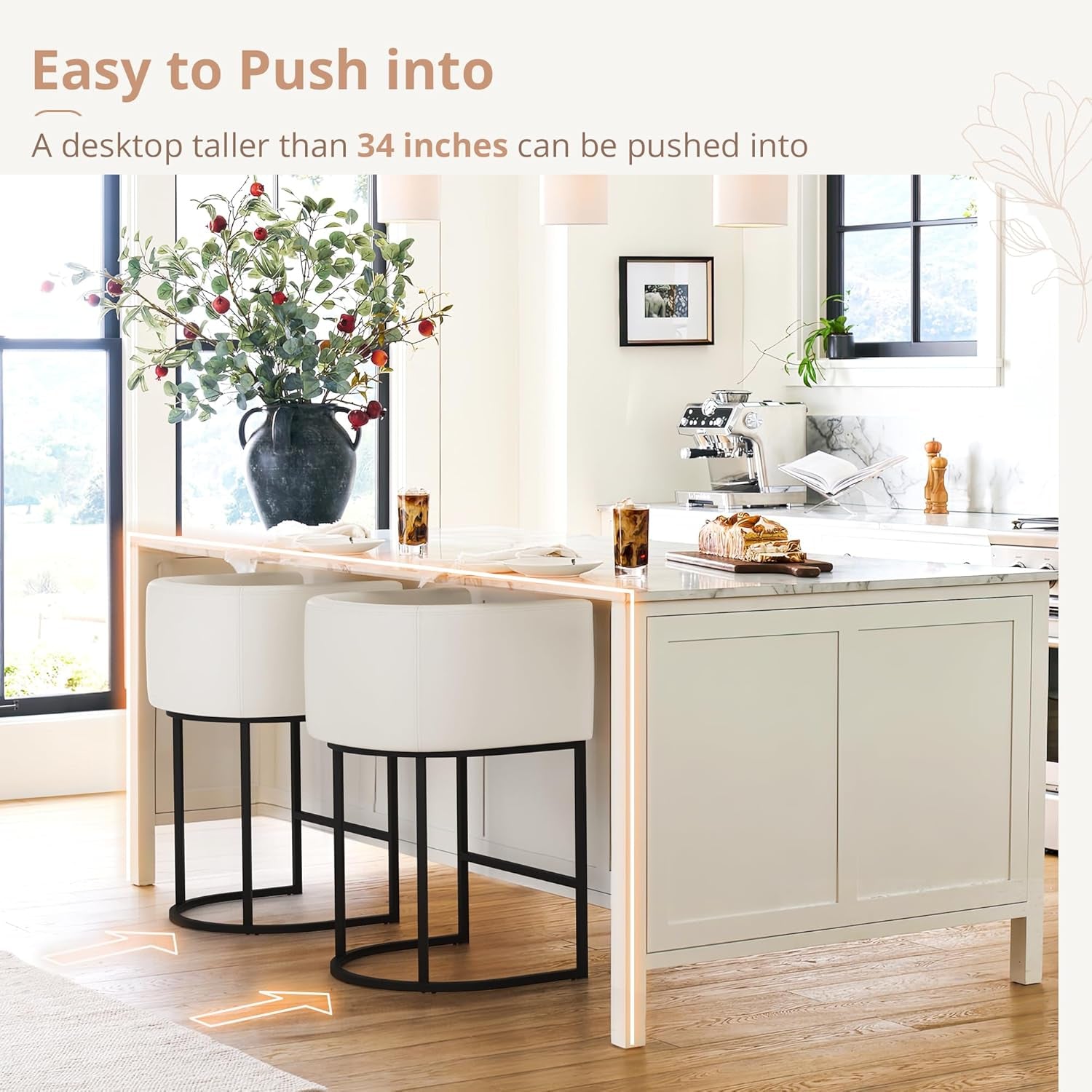 27" H Counter Height Bar Stools, Modern Barrel Counter Stools with Backrest and Arms, Black Metal Frames, Faux Leather Upholstered Accent Barstools for Kitchen Island, Antique White-3