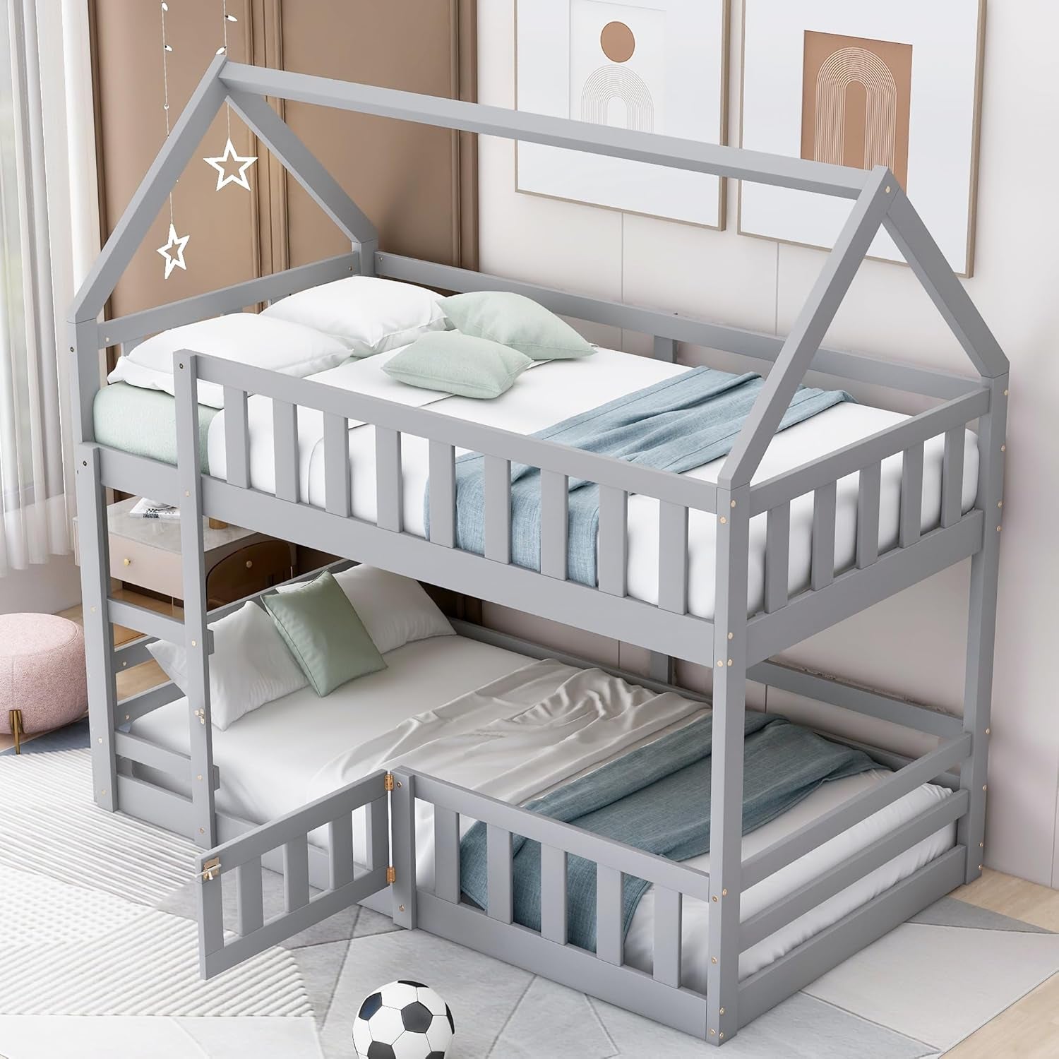 House Bunk Bed Twin over Twin, Modern Wood Floor Bunk Bed with Fence and Door, for Boys Girls Teens, Grey-2